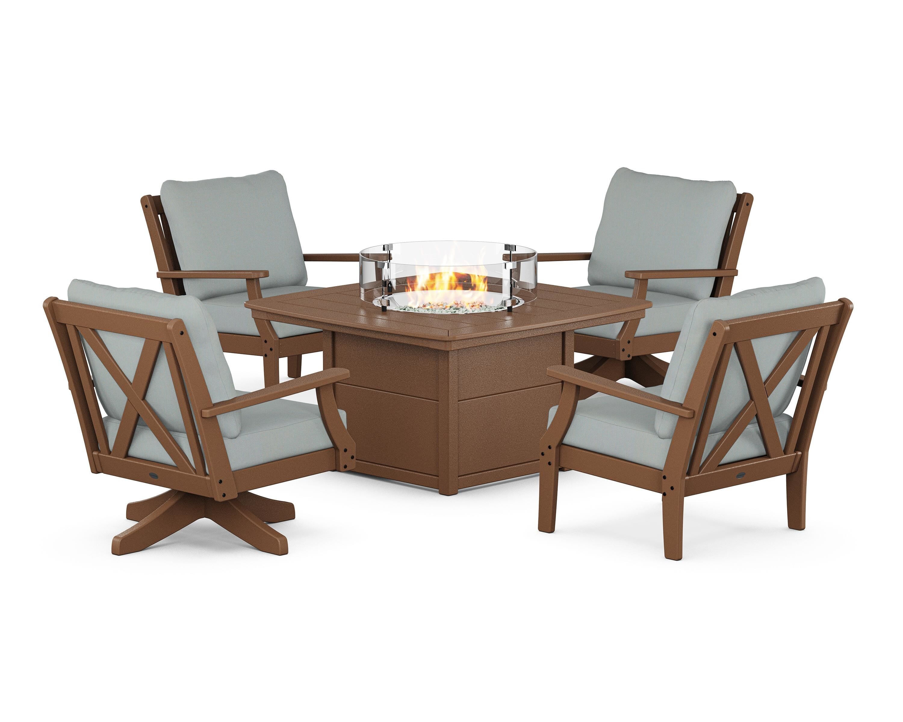 POLYWOOD Braxton 5-Piece Deep Seating Set with Fire Table in Teak / Spa
