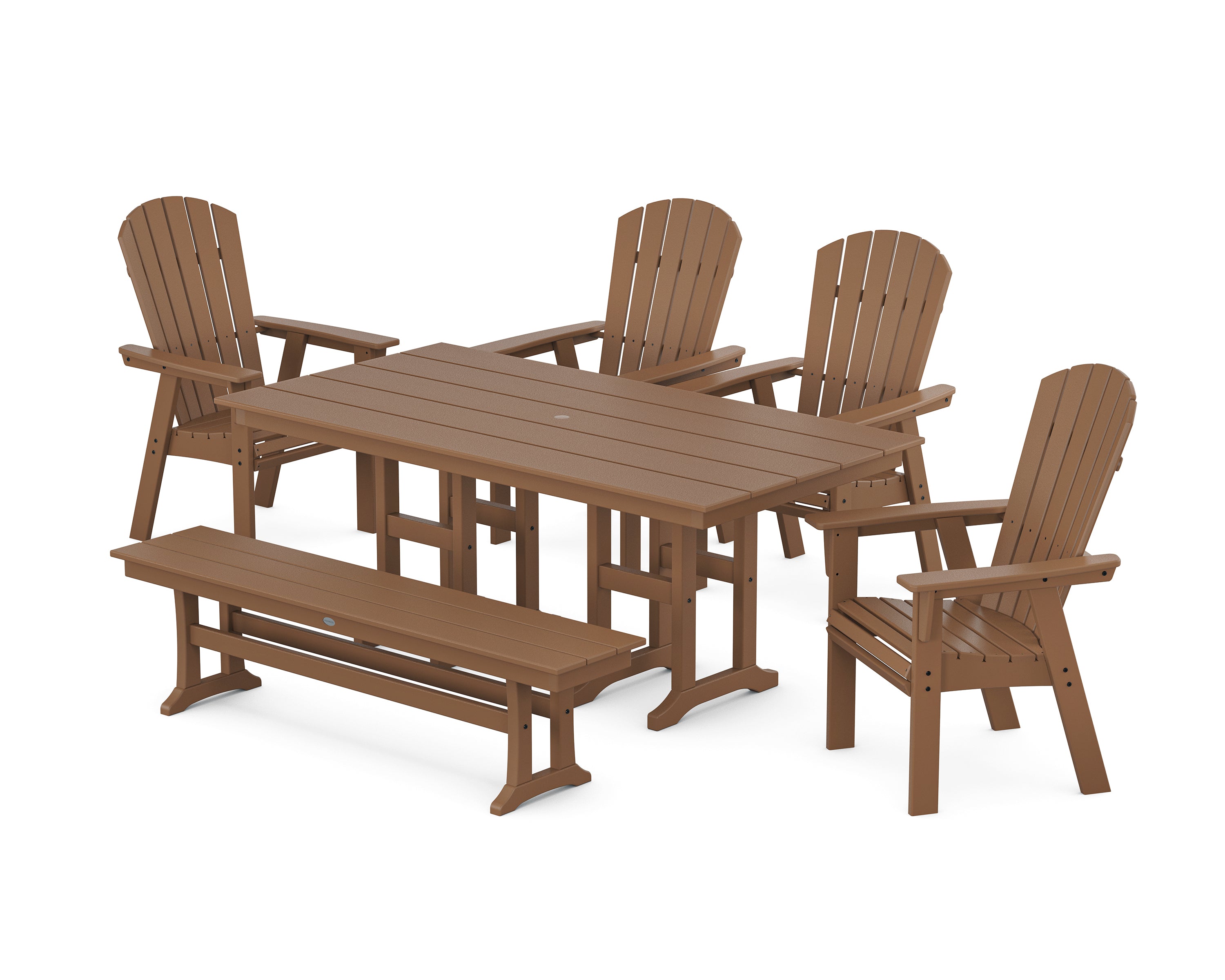 POLYWOOD Nautical Curveback Adirondack 6-Piece Farmhouse Dining Set with Bench in Teak
