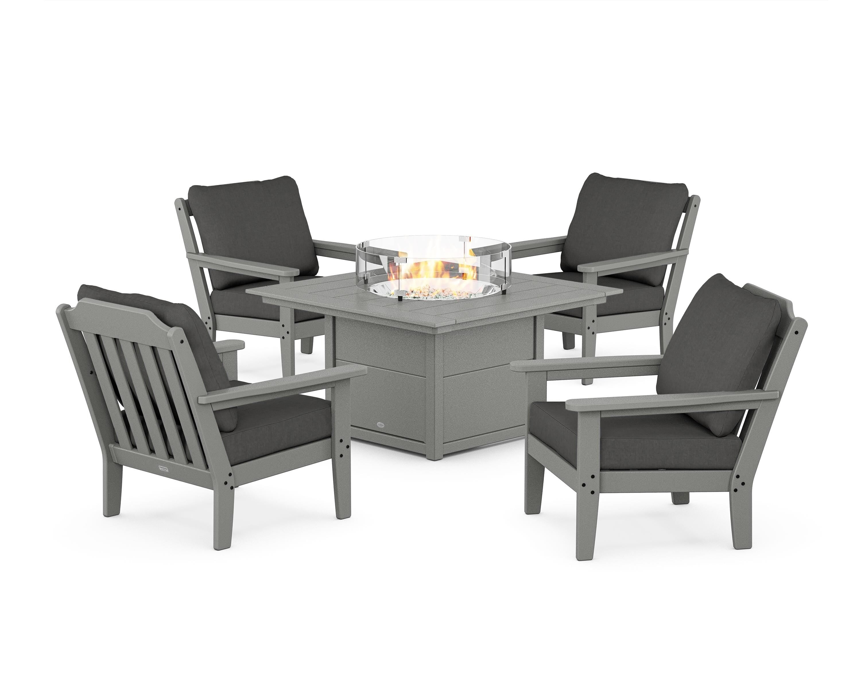 Country Living Cottage 5-Piece Deep Seating Set with Fire Pit Table in Slate Grey / Spectrum Carbon