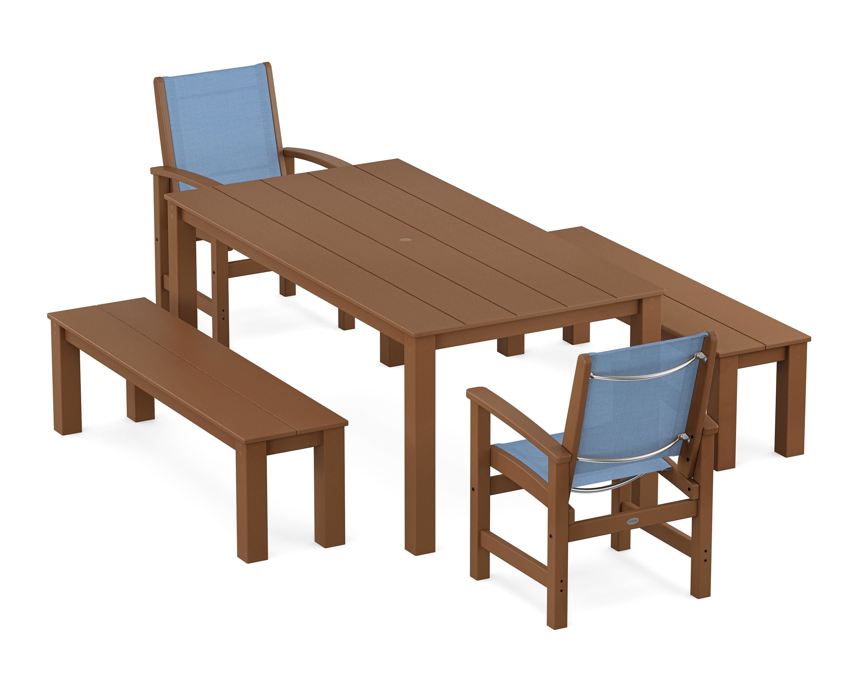 POLYWOOD Coastal 5-Piece Parsons Dining Set with Benches in Teak / Poolside Sling