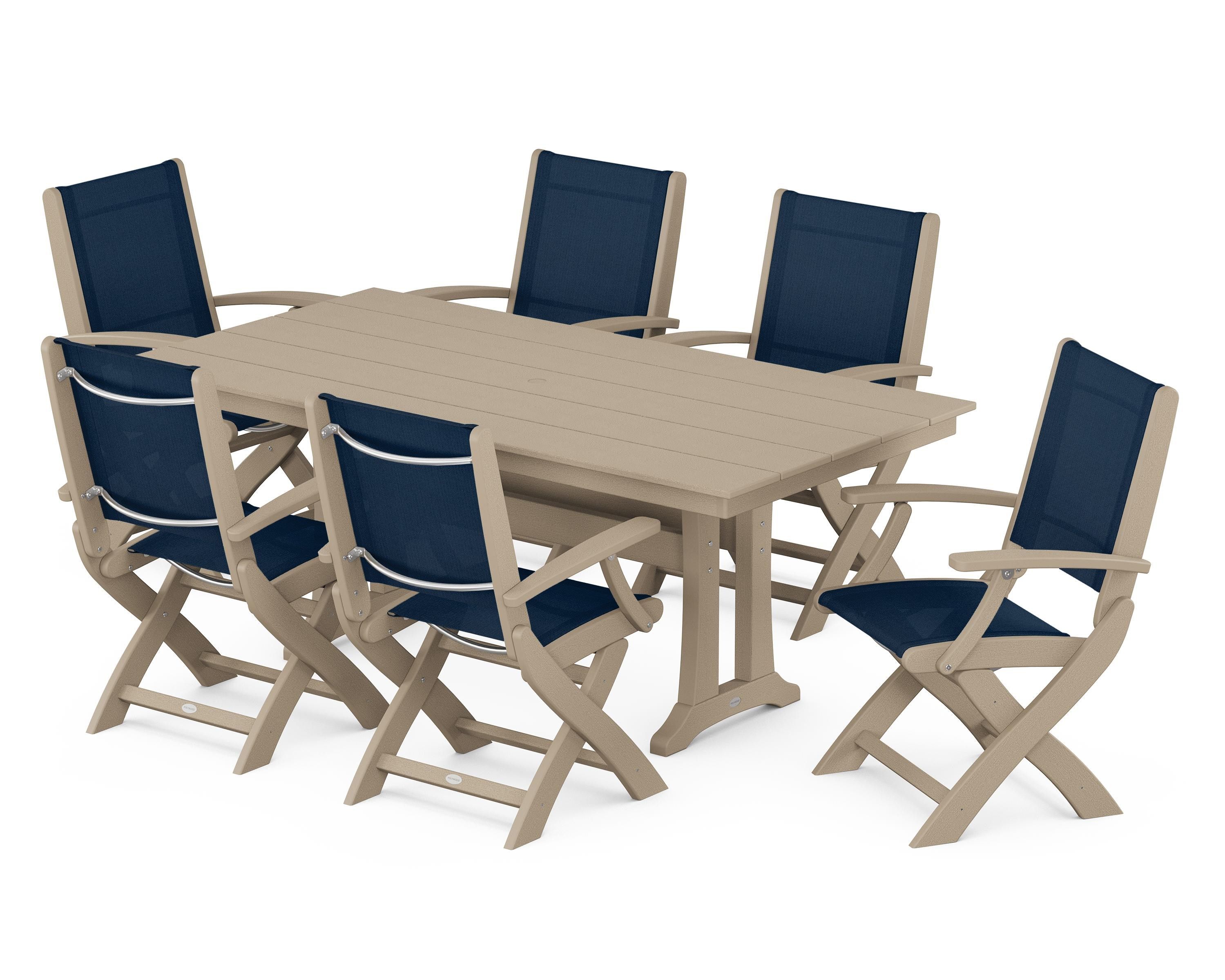 POLYWOOD Coastal Folding Arm Chair 7-Piece Farmhouse Dining Set with Trestle Legs in Vintage Sahara / Navy Blue Sling