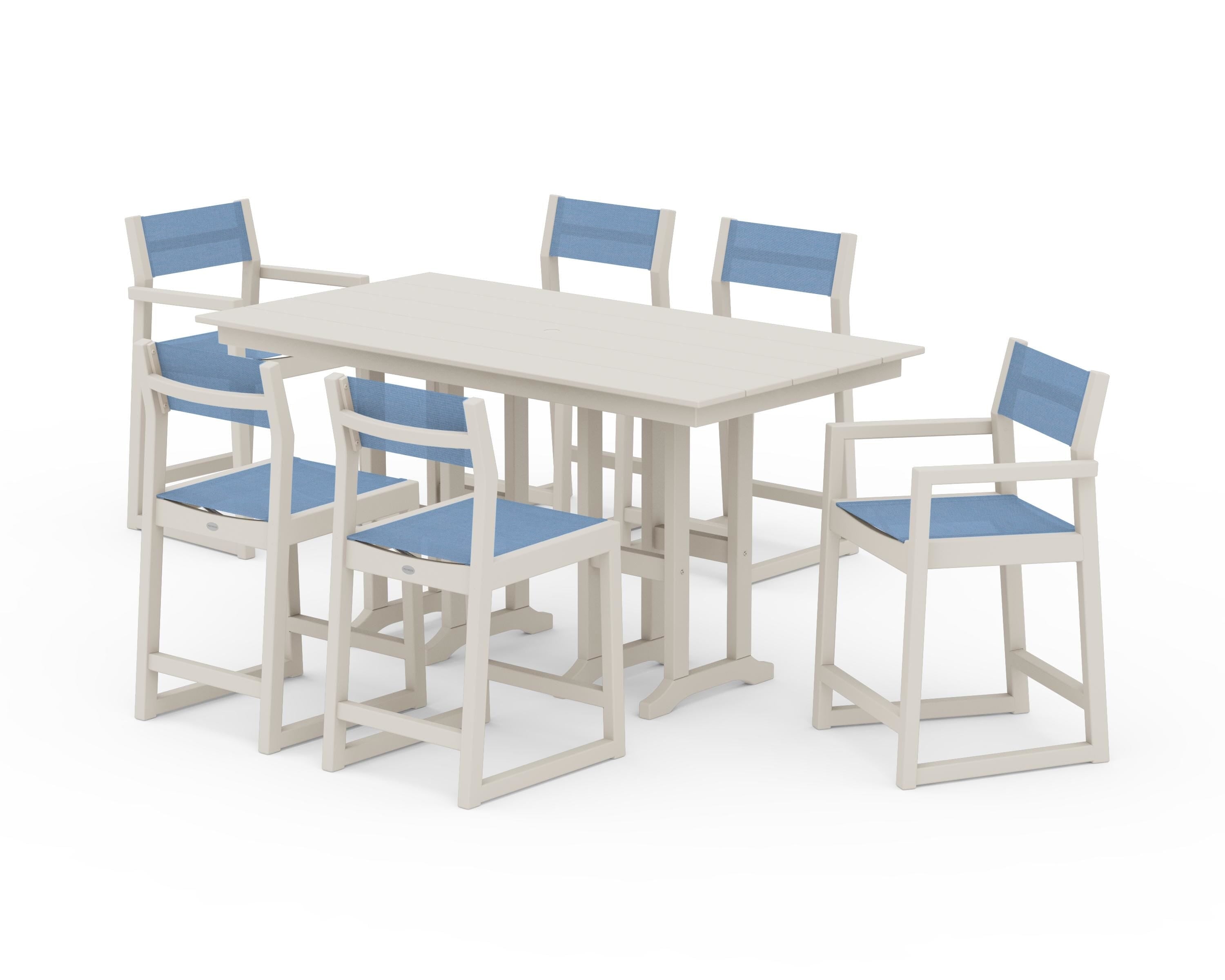POLYWOOD EDGE Sling 7-Piece Farmhouse Counter Set in Sand / Poolside Sling