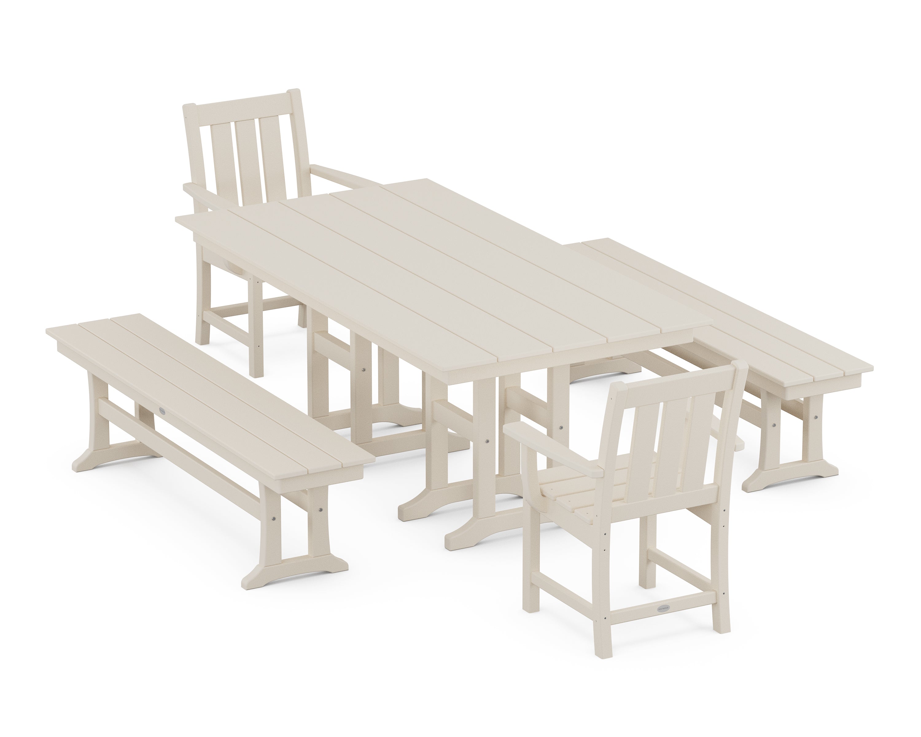 POLYWOOD® Oxford 5-Piece Farmhouse Dining Set with Benches in Sand