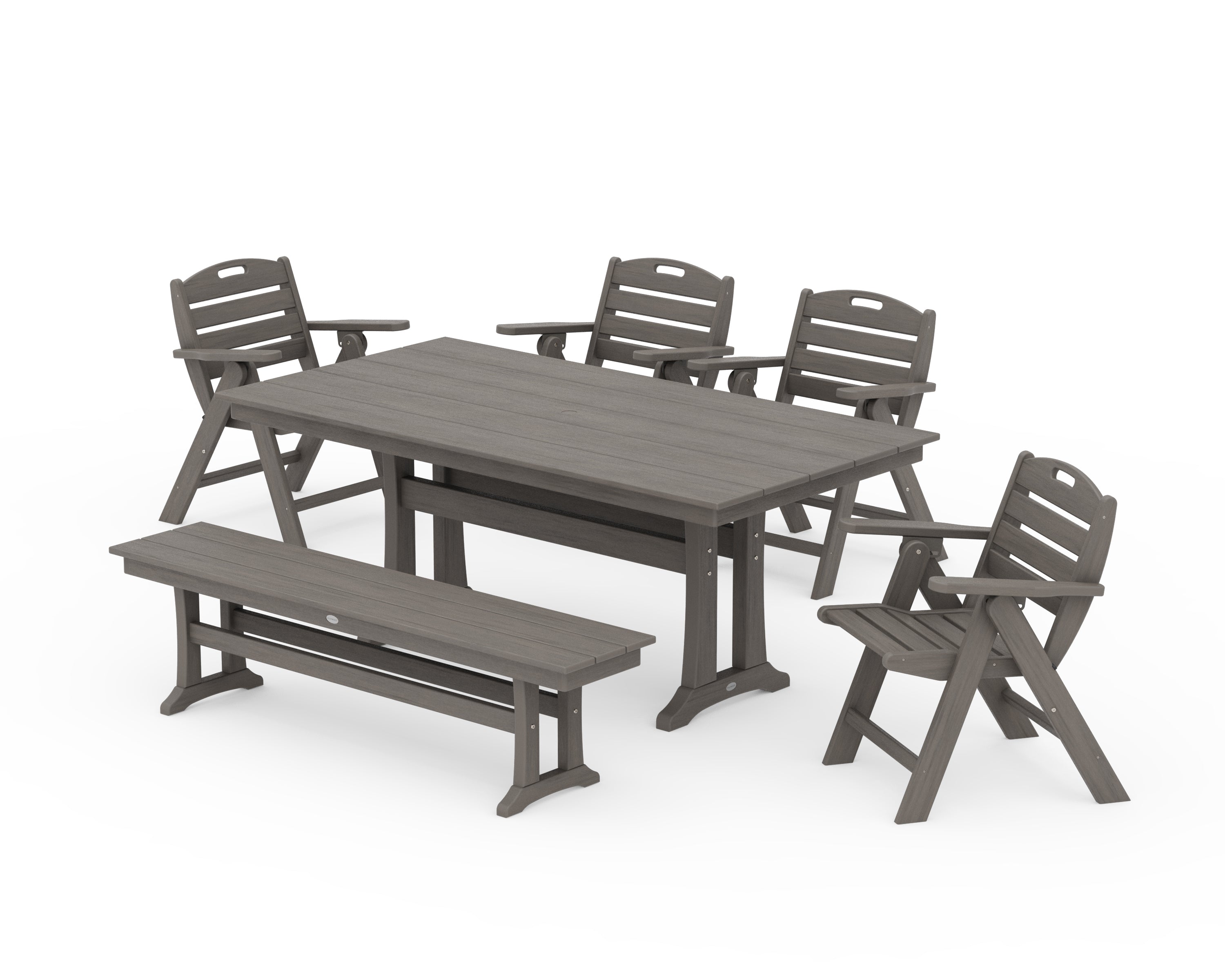 POLYWOOD Nautical Lowback 6-Piece Farmhouse Dining Set with Trestle Legs and Bench in Driftwood