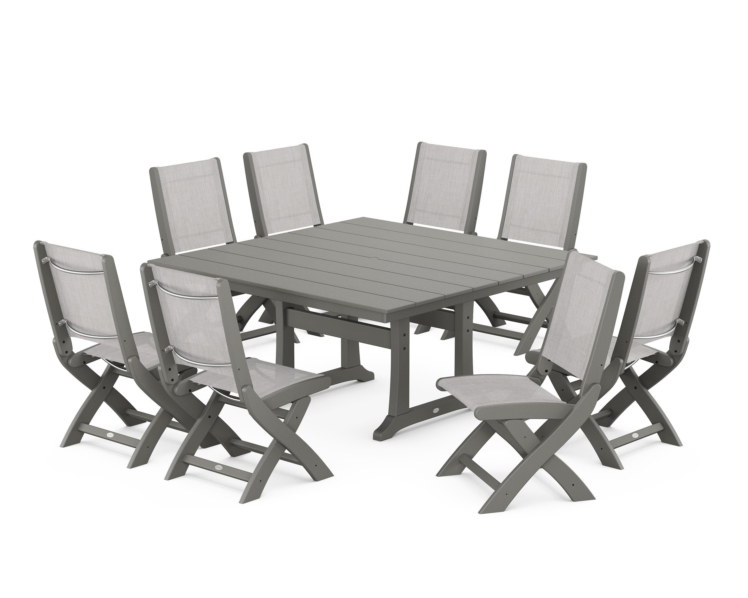 POLYWOOD Coastal Folding Side Chair 9-Piece Farmhouse Dining Set in Slate Grey / Parchment Sling