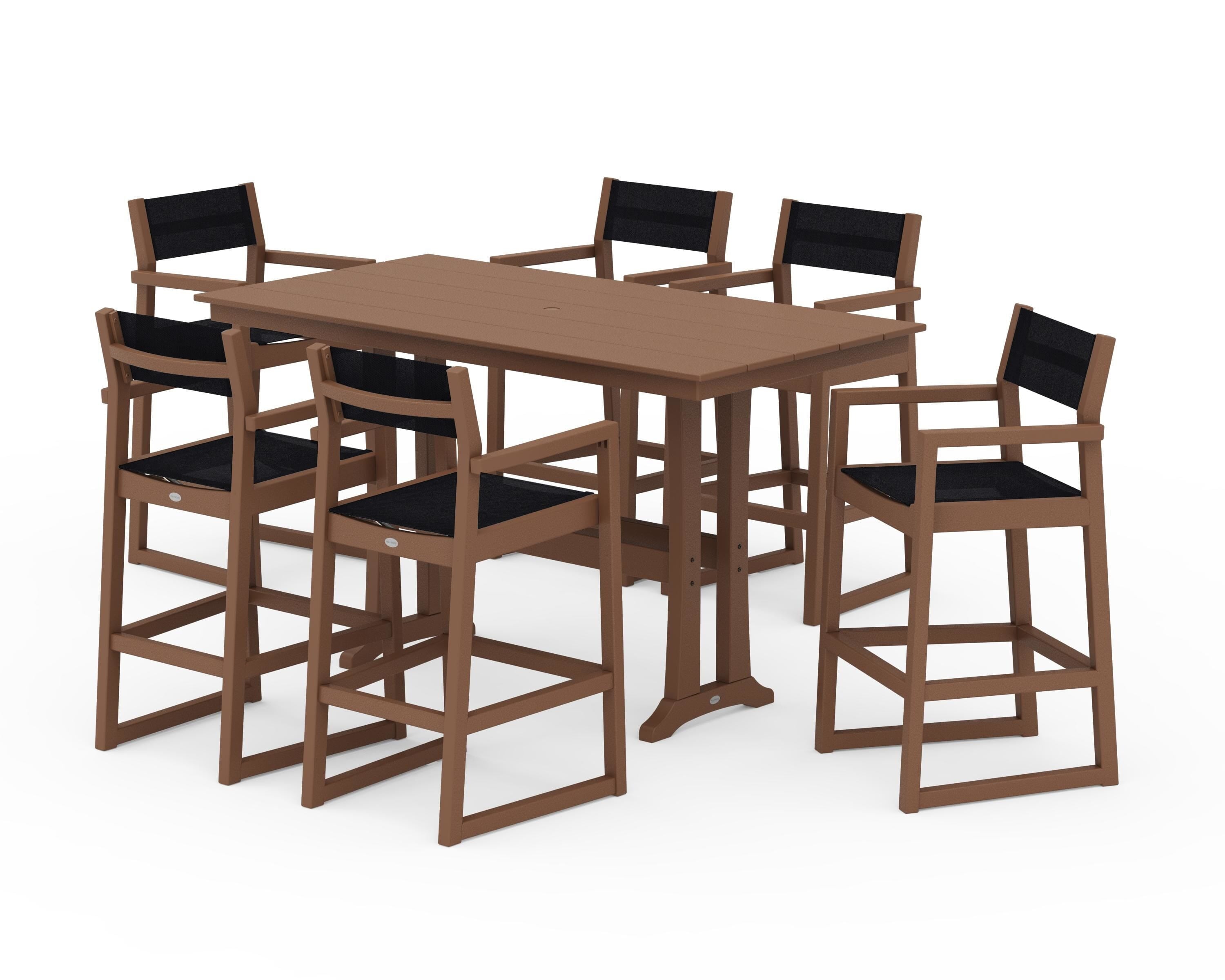 POLYWOOD EDGE Sling Arm Chair 7-Piece Farmhouse Bar Set with Trestle Legs in Teak / Black Sling