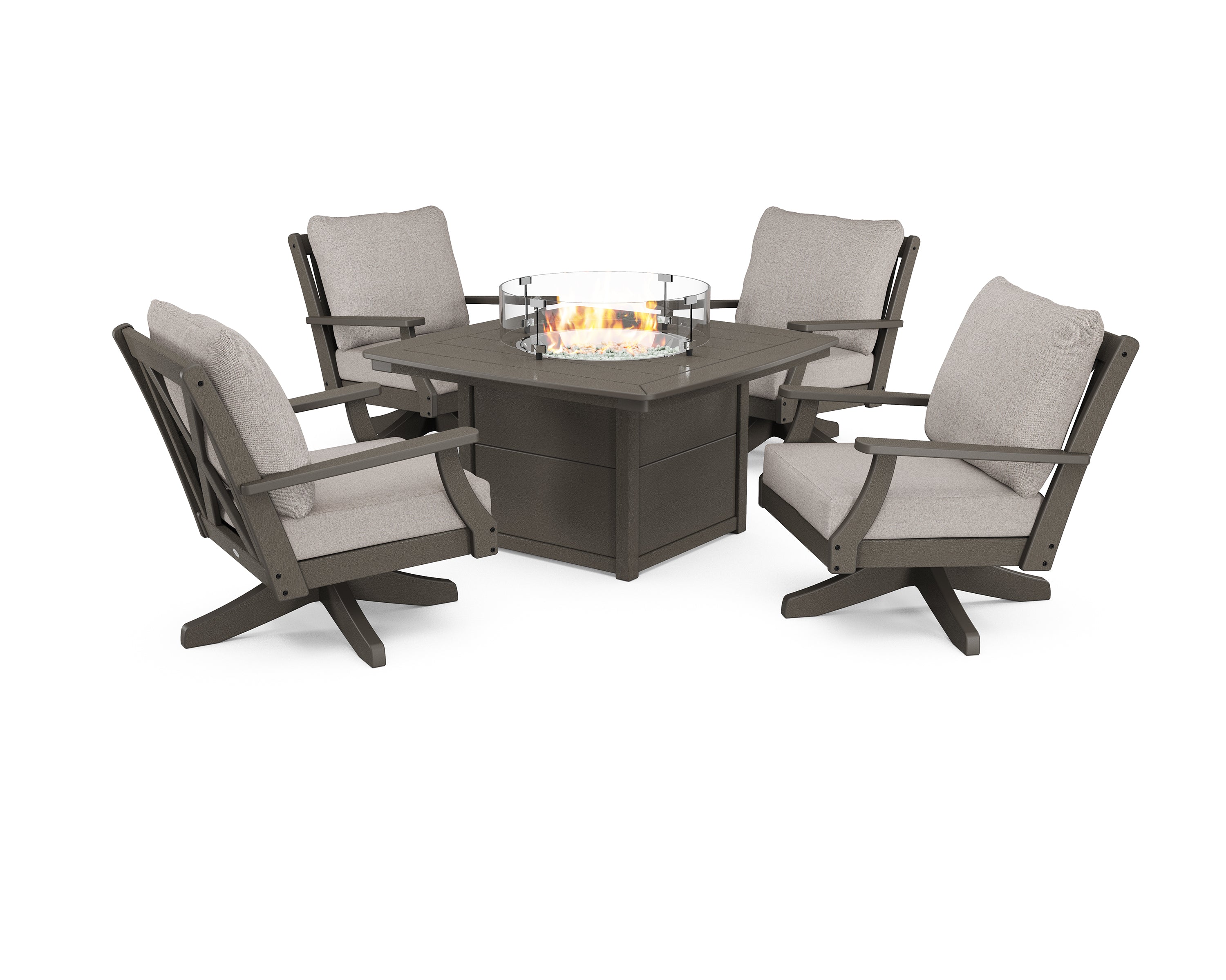 POLYWOOD Braxton 5-Piece Deep Seating Swivel Conversation Set with Fire Pit Table in Vintage Coffee / Weathered Tweed