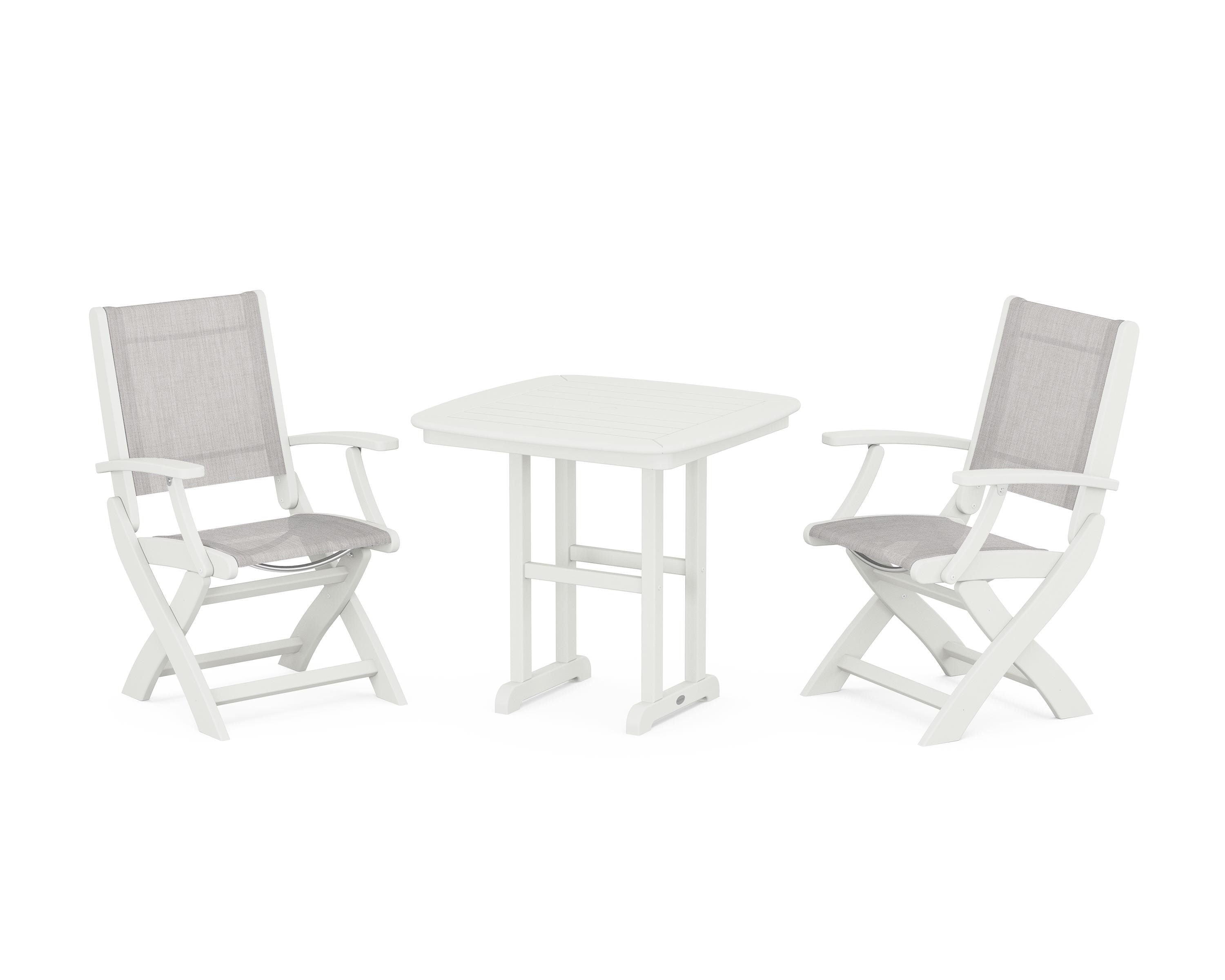 POLYWOOD Coastal Folding Chair 3-Piece Dining Set in Vintage White / Parchment Sling