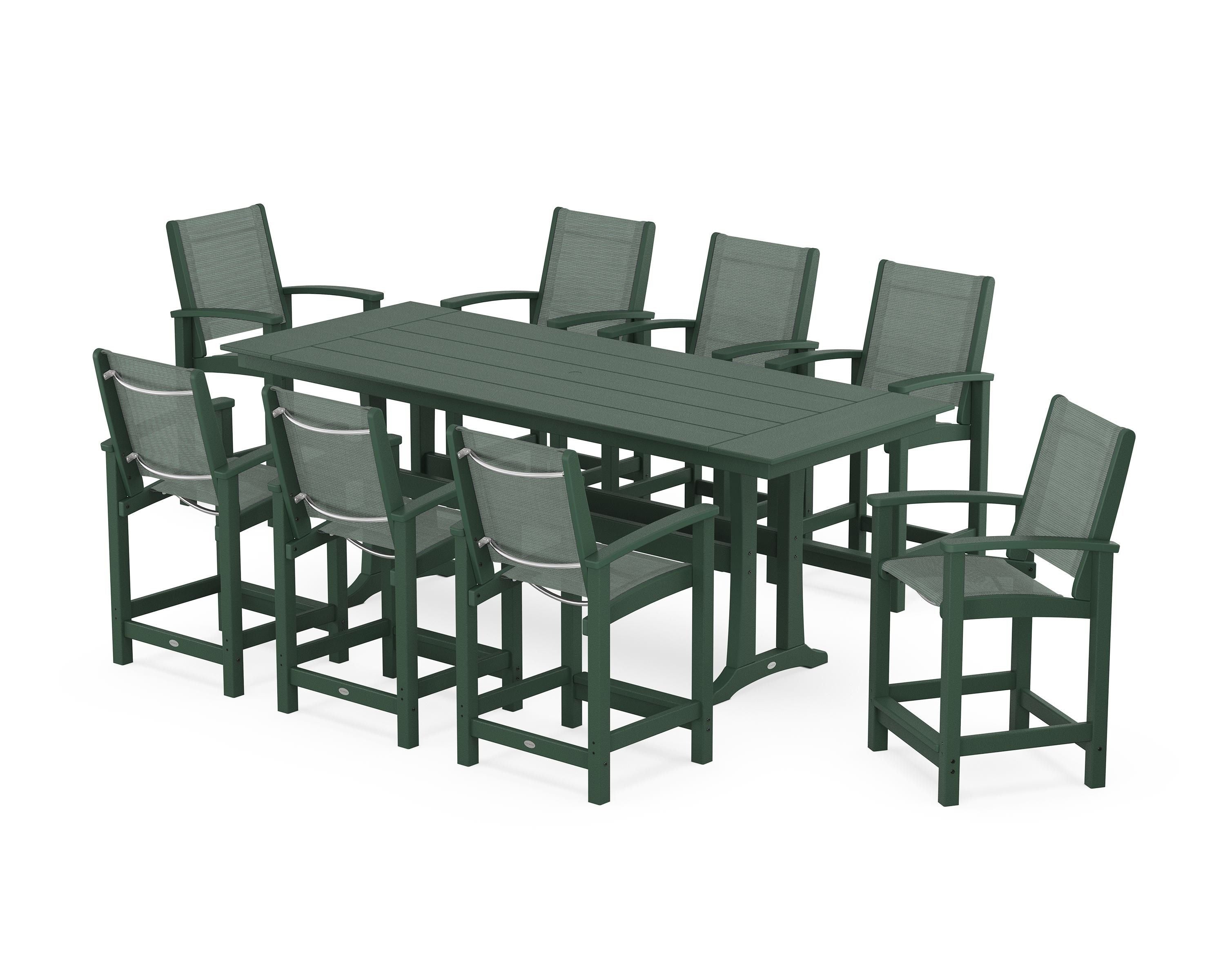 POLYWOOD Coastal 9-Piece Farmhouse Counter Set with Trestle Legs in Green / Dupioni Sea Mist Sling