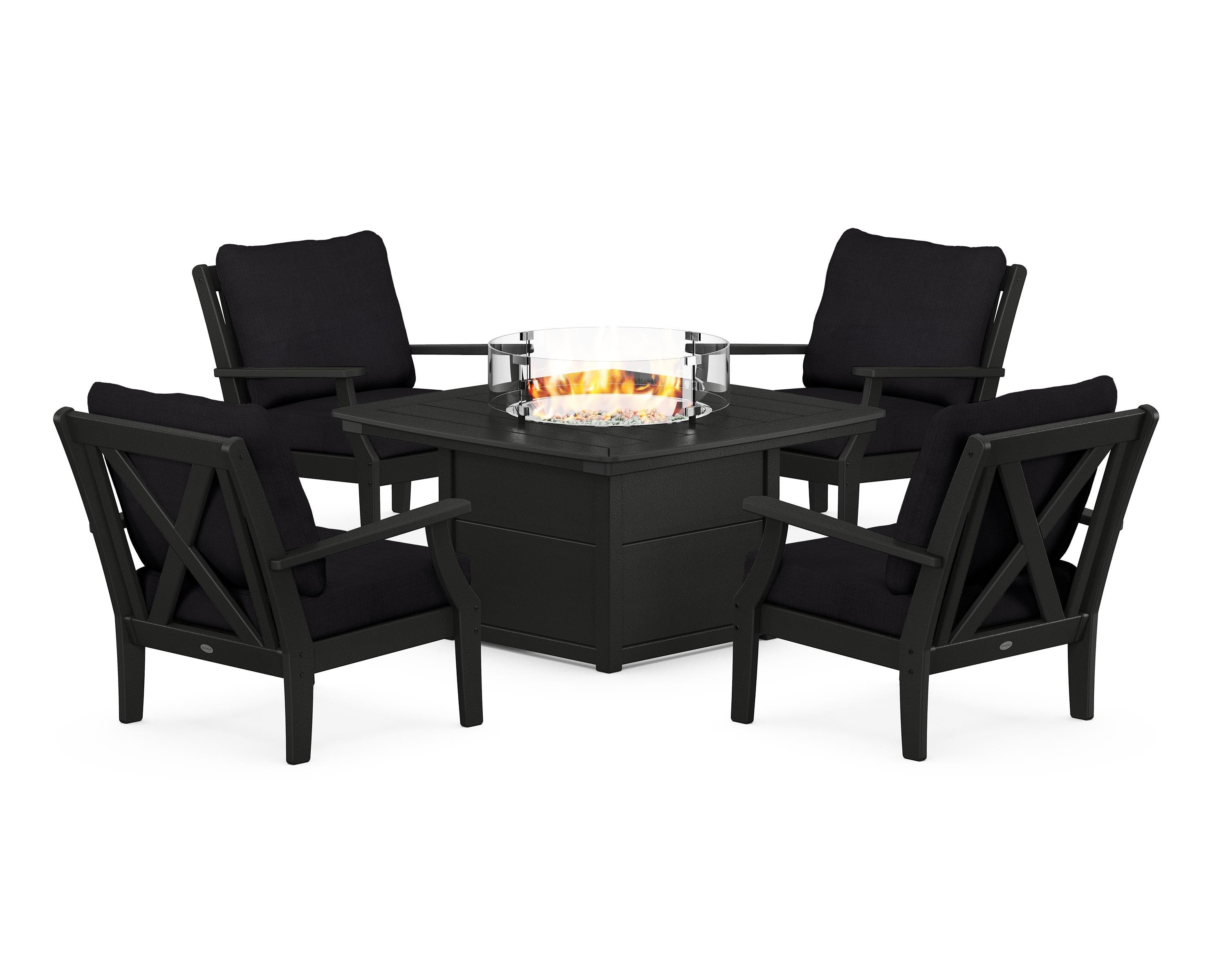POLYWOOD Braxton 5-Piece Deep Seating Conversation Set with Fire Pit Table in Black / Midnight Linen