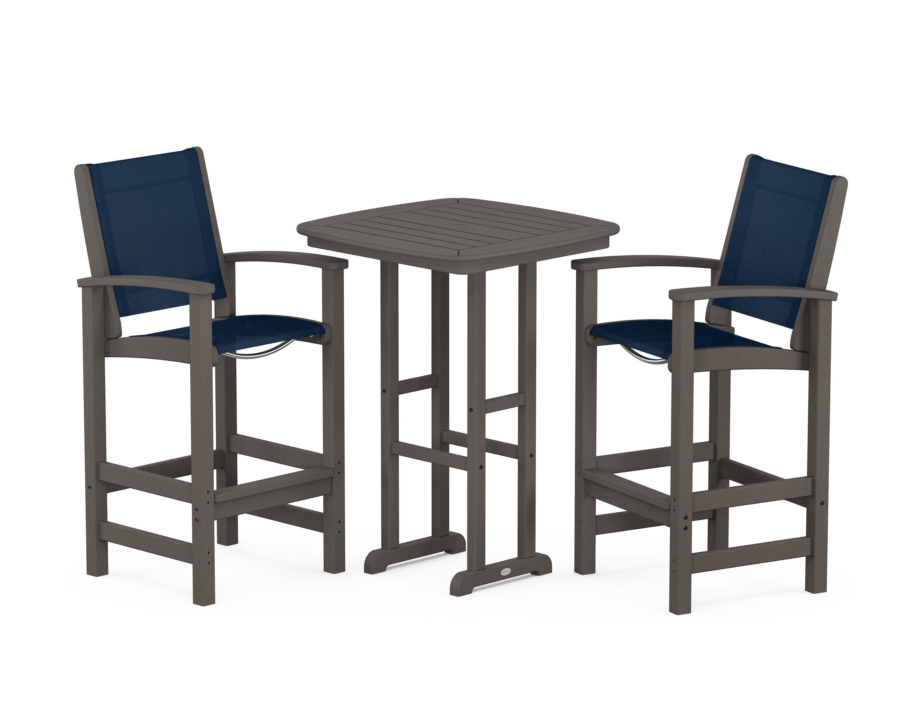 POLYWOOD Coastal 3-Piece Bar Set in Vintage Coffee / Navy Blue Sling