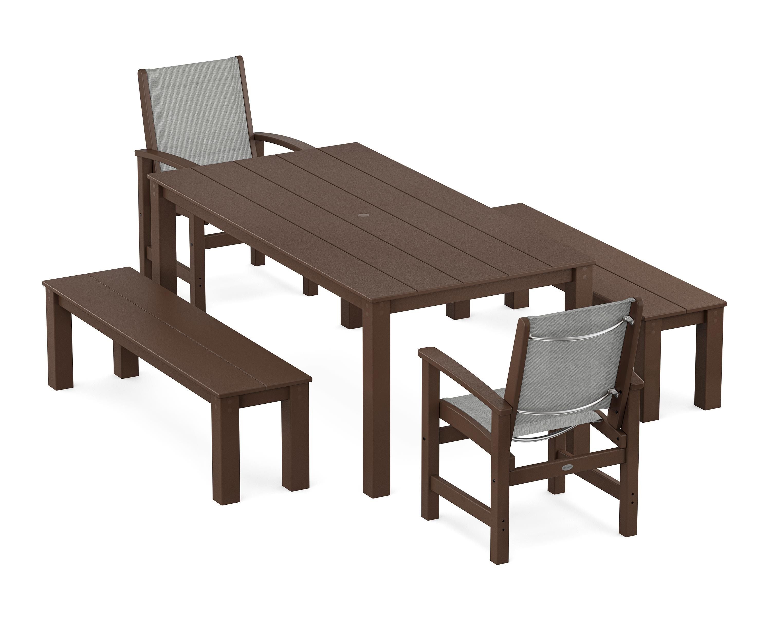 POLYWOOD Coastal 5-Piece Parsons Dining Set with Benches in Mahogany / Metallic Sling