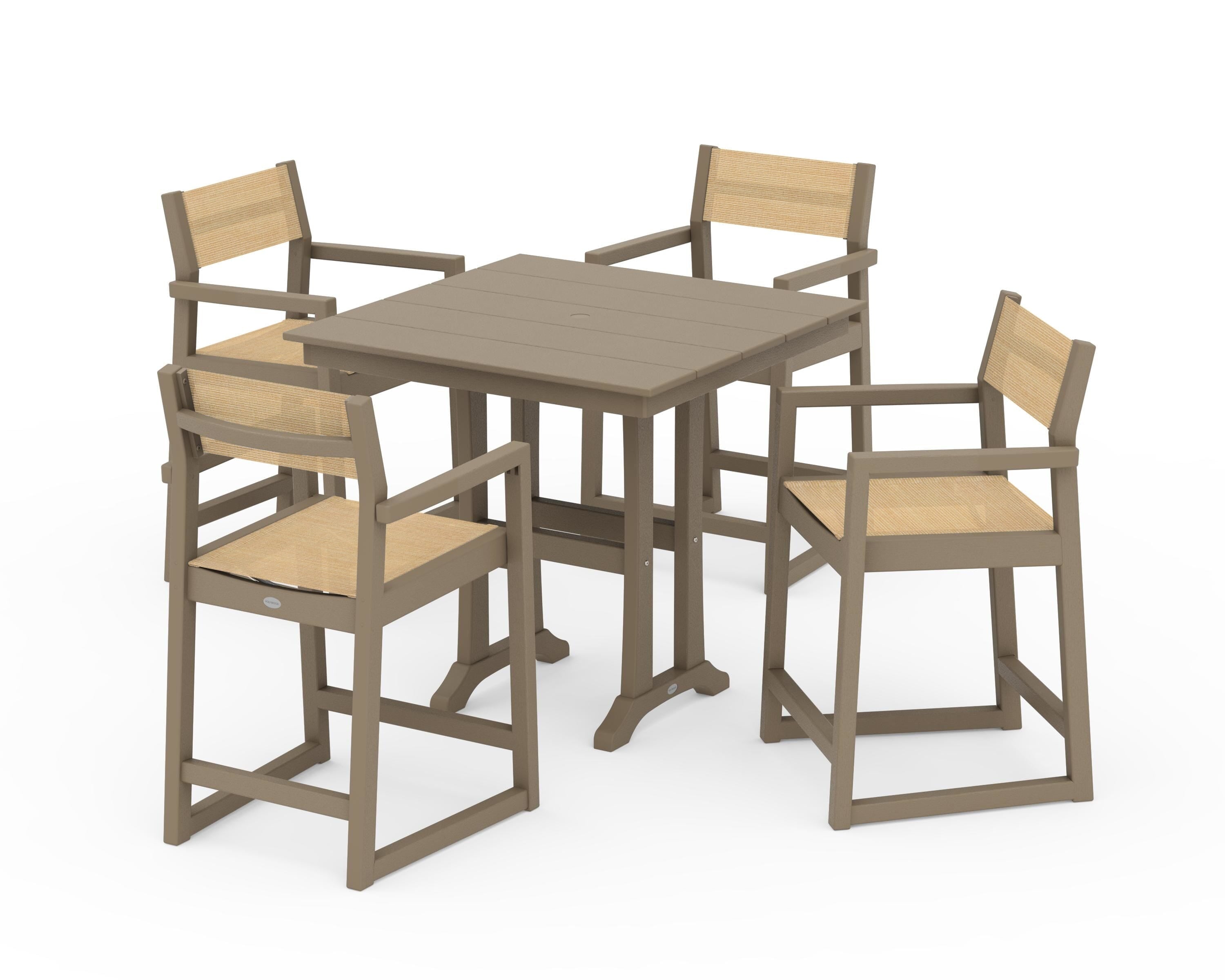 POLYWOOD EDGE Sling Arm Chair 5-Piece Farmhouse Counter Set with Trestle Legs in Vintage Sahara / Dupioni Apricot Sling