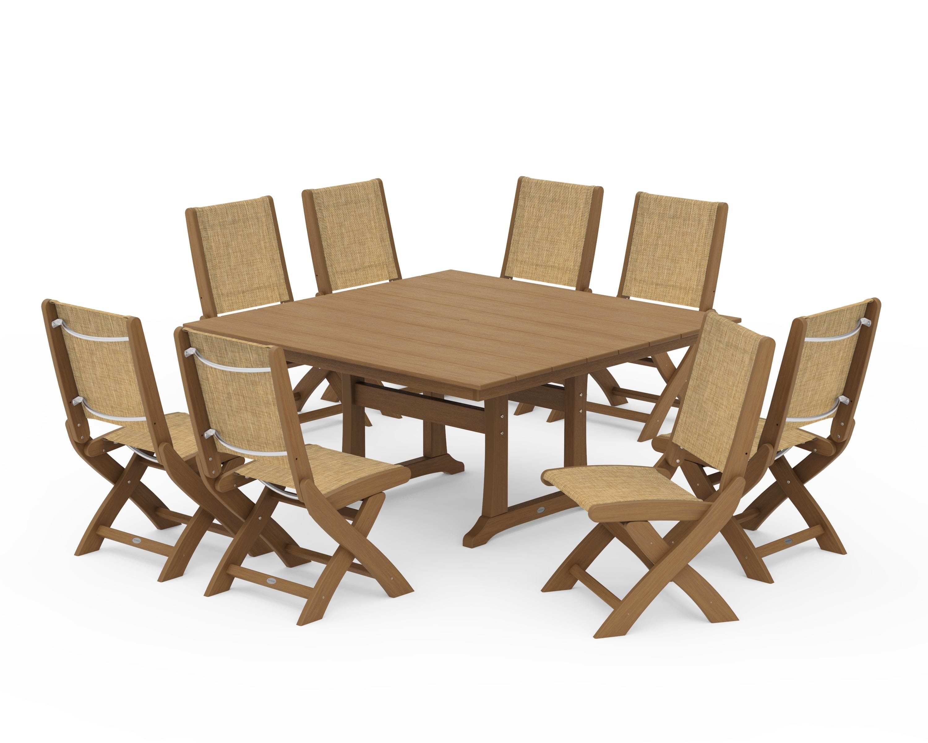 POLYWOOD Coastal Folding Side Chair 9-Piece Farmhouse Dining Set in Natural / Burlap Sling