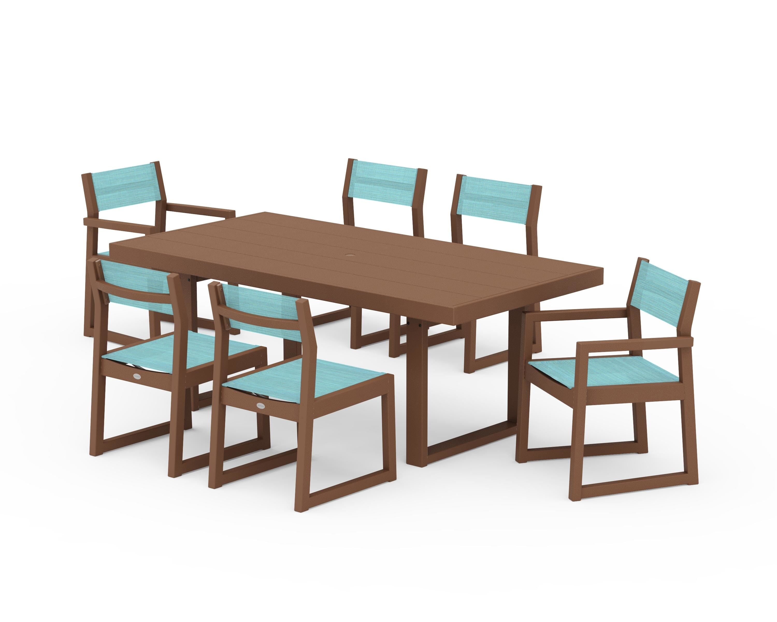 POLYWOOD EDGE Sling 7-Piece Dining Set in Teak / Dupioni Aquamarine Sling