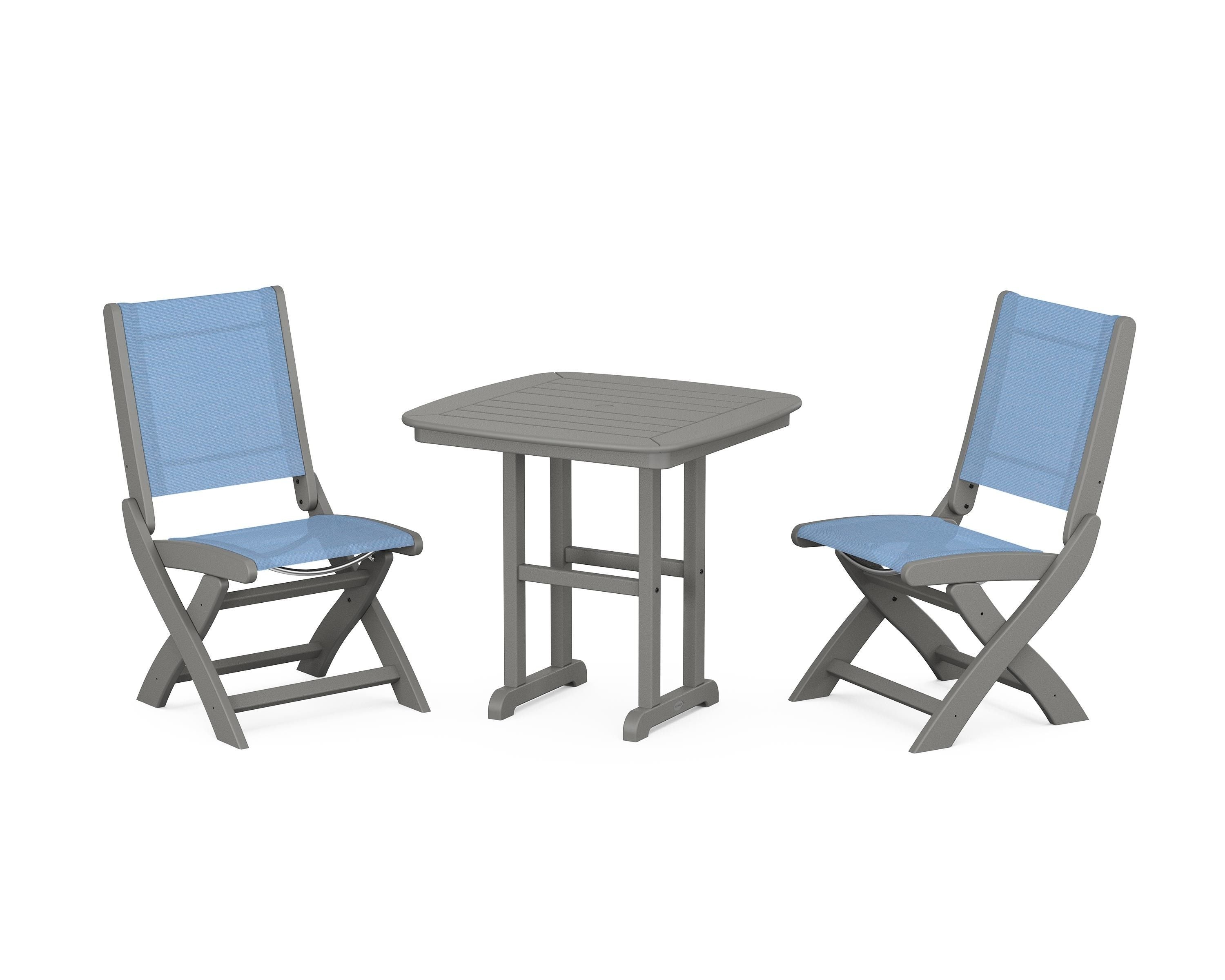 POLYWOOD Coastal Folding Side Chair 3-Piece Dining Set in Slate Grey / Poolside Sling