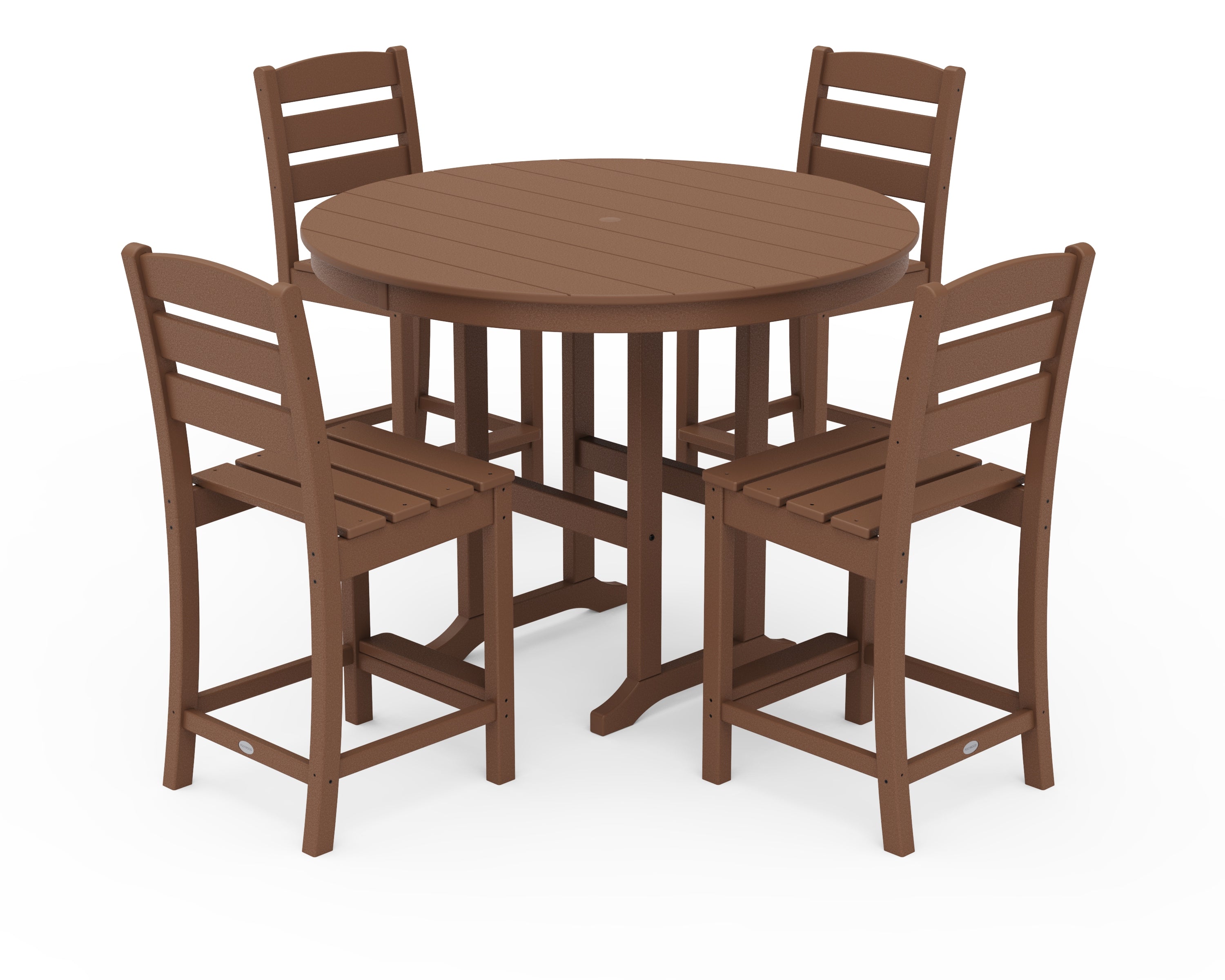 POLYWOOD Lakeside 5-Piece Farmhouse Round Side Chair Counter Set in Teak