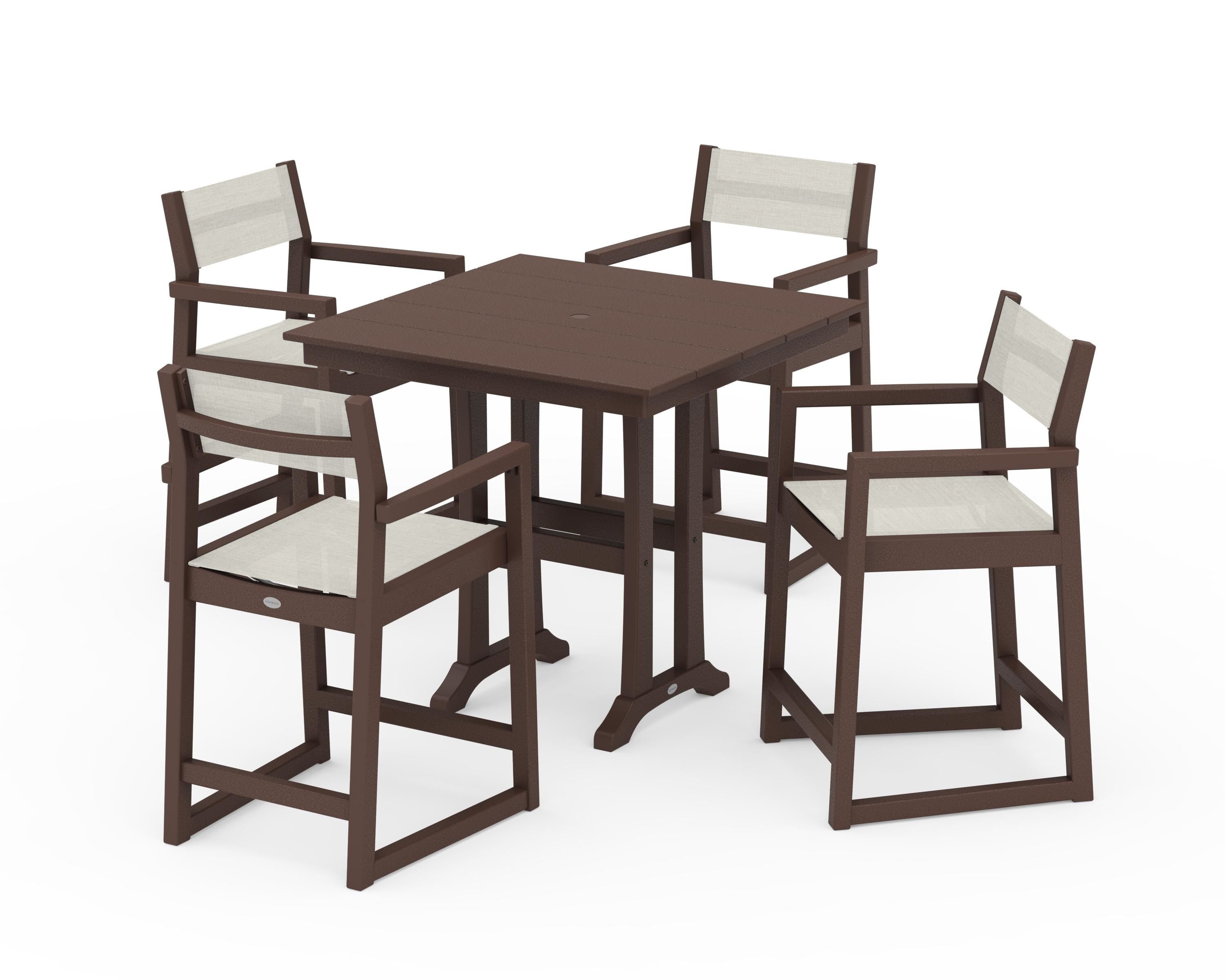 POLYWOOD EDGE Sling Arm Chair 5-Piece Farmhouse Counter Set with Trestle Legs in Mahogany / Parchment Sling