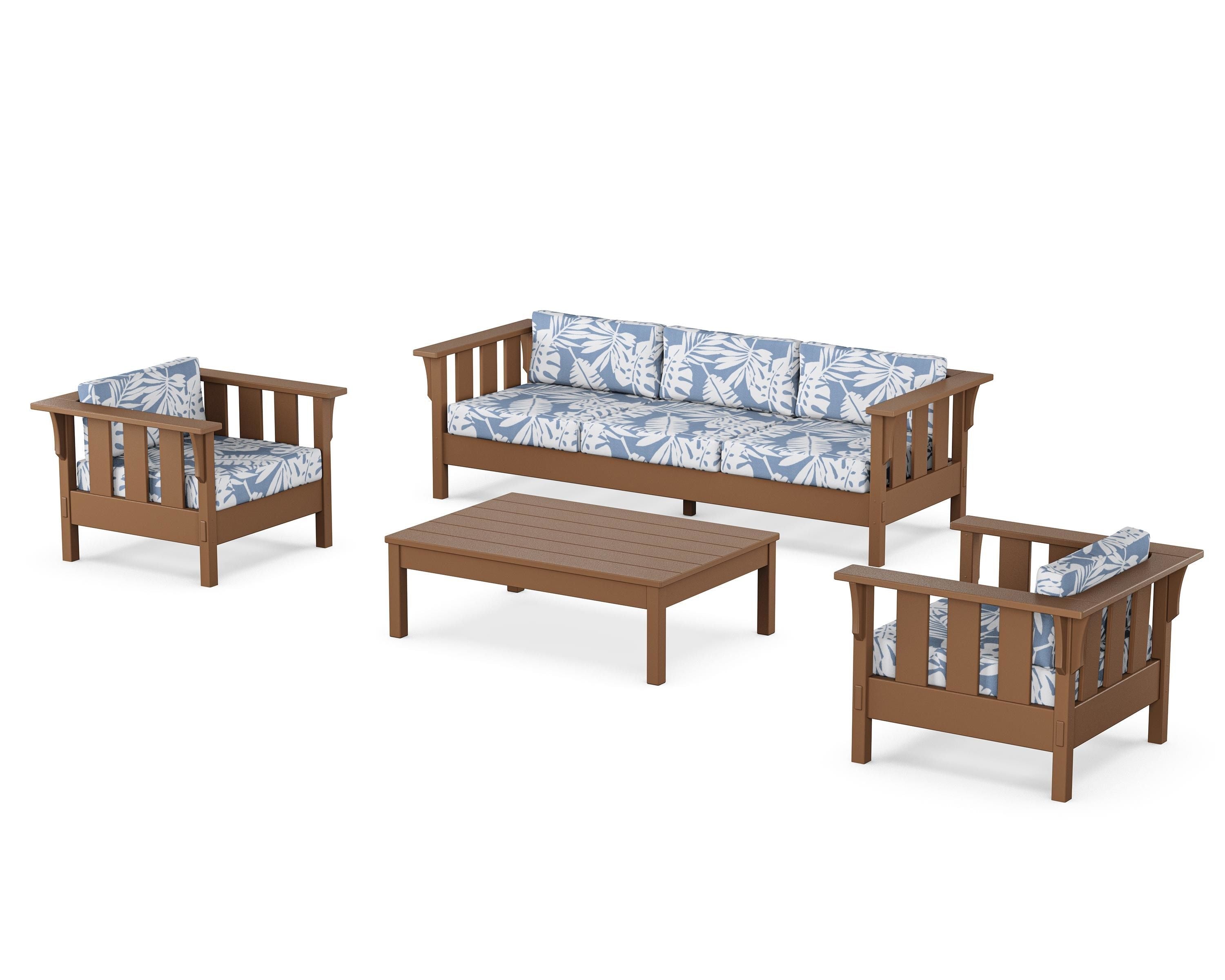 Martha Stewart by POLYWOOD Acadia 4-Piece Deep Seating Set with Sofa in Teak / Leaf Sky Blue