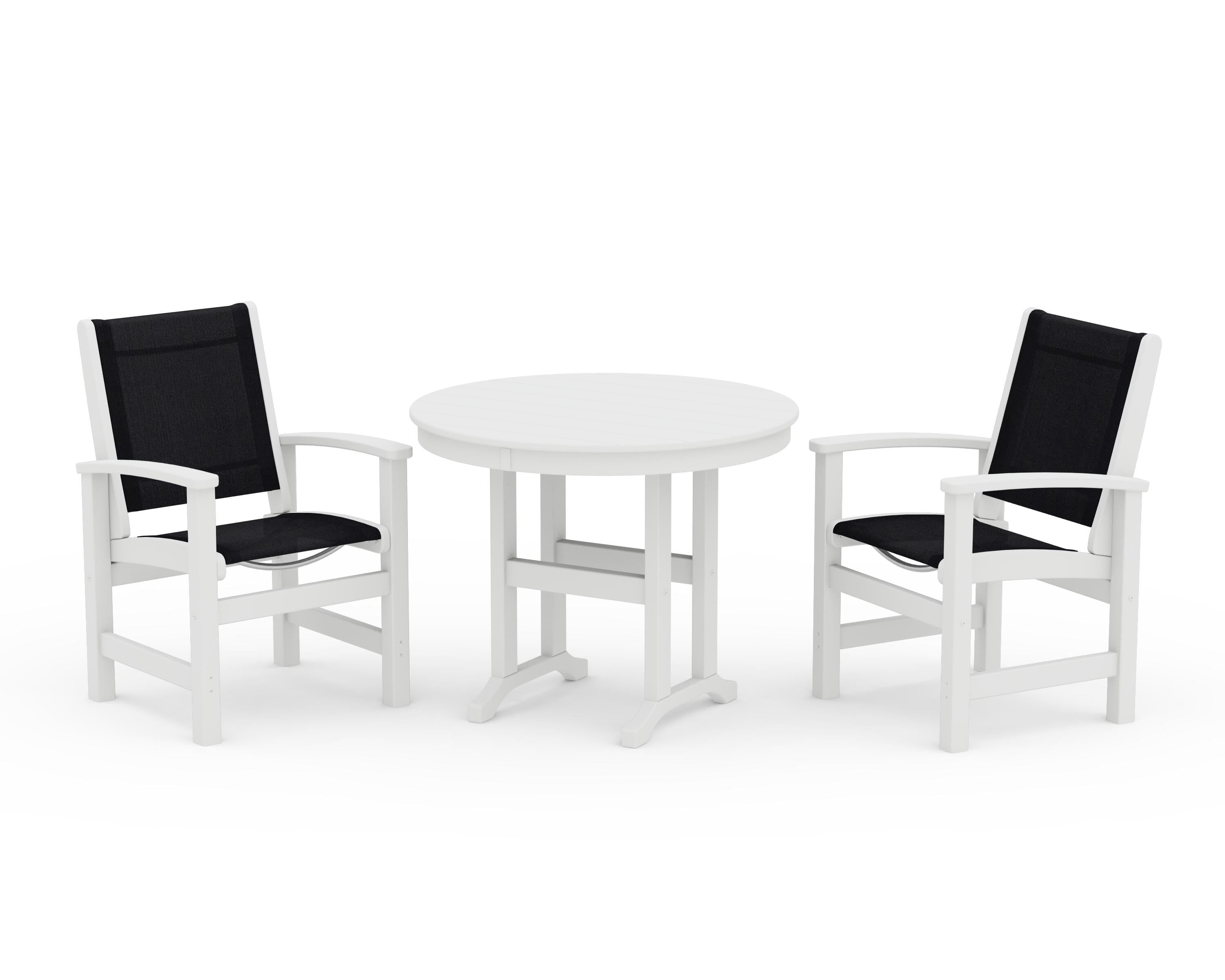POLYWOOD Coastal 3-Piece Round Dining Set in White / Black Sling