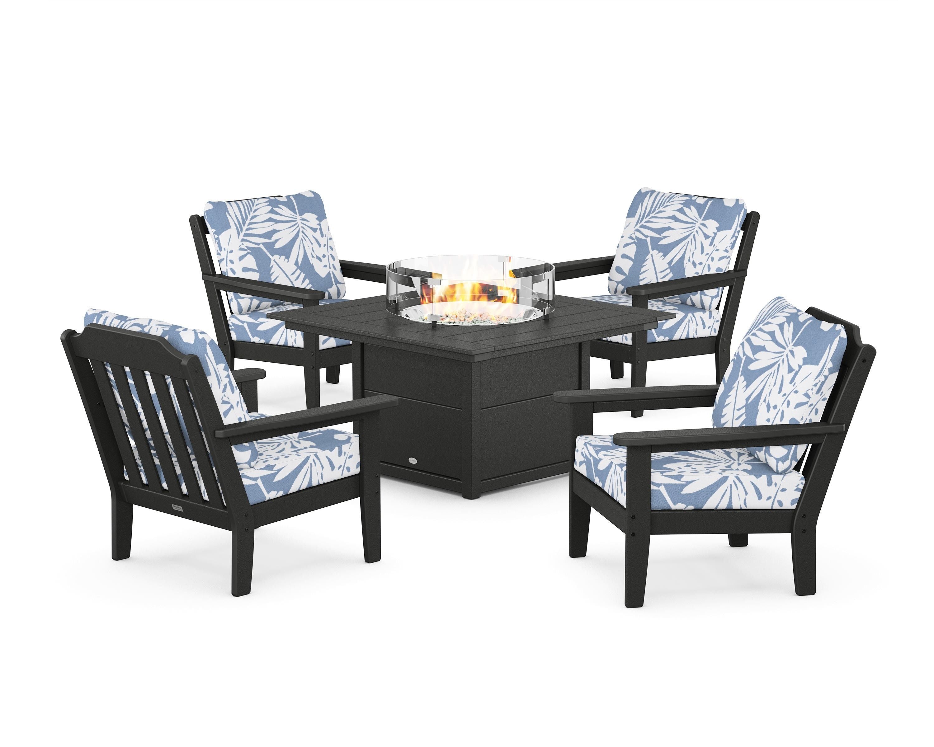 Country Living Cottage 5-Piece Deep Seating Set with Fire Pit Table in Black / Leaf Sky Blue