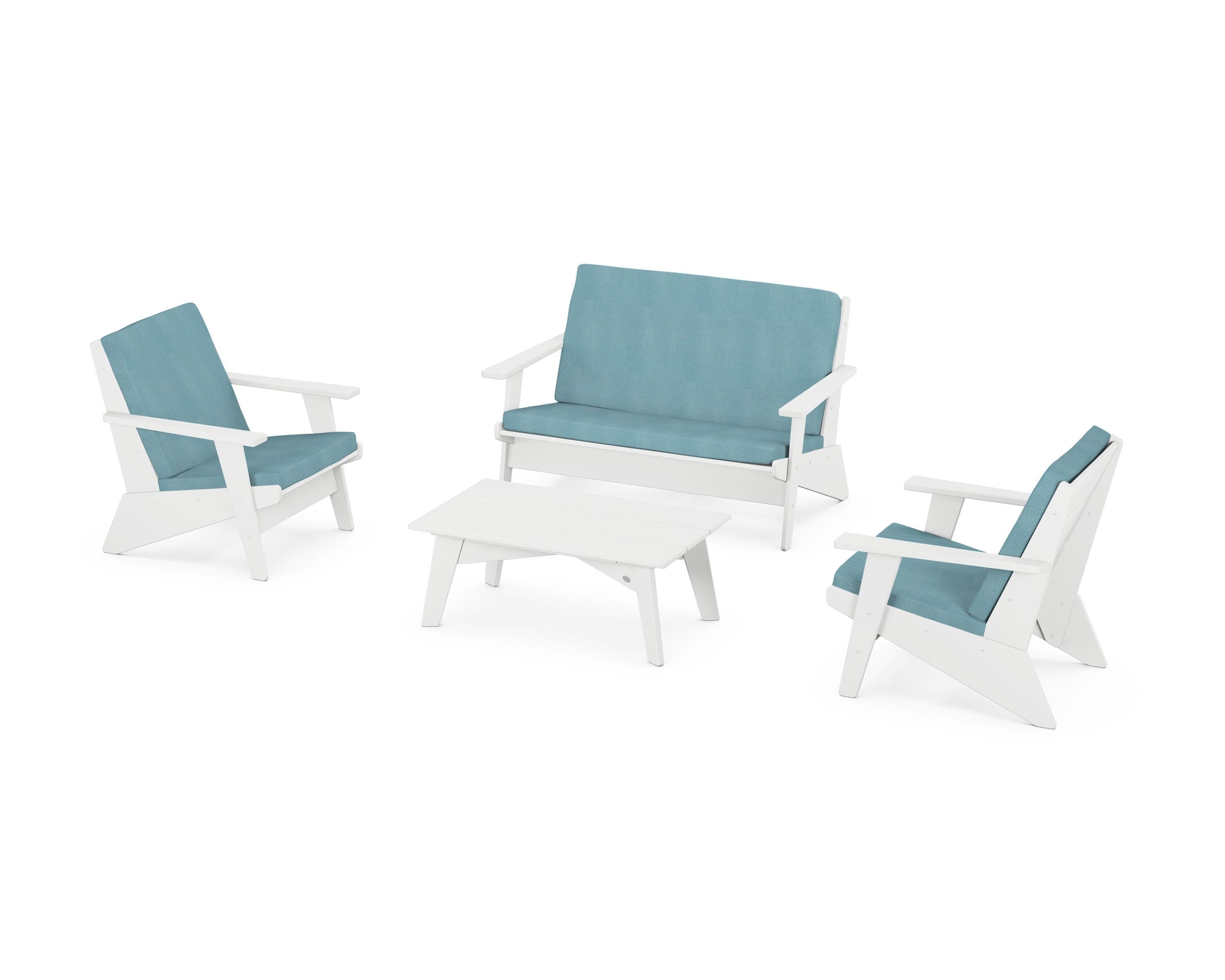 POLYWOOD Riviera Modern Lounge 4-Piece Set in White / Lattice Sky Blue