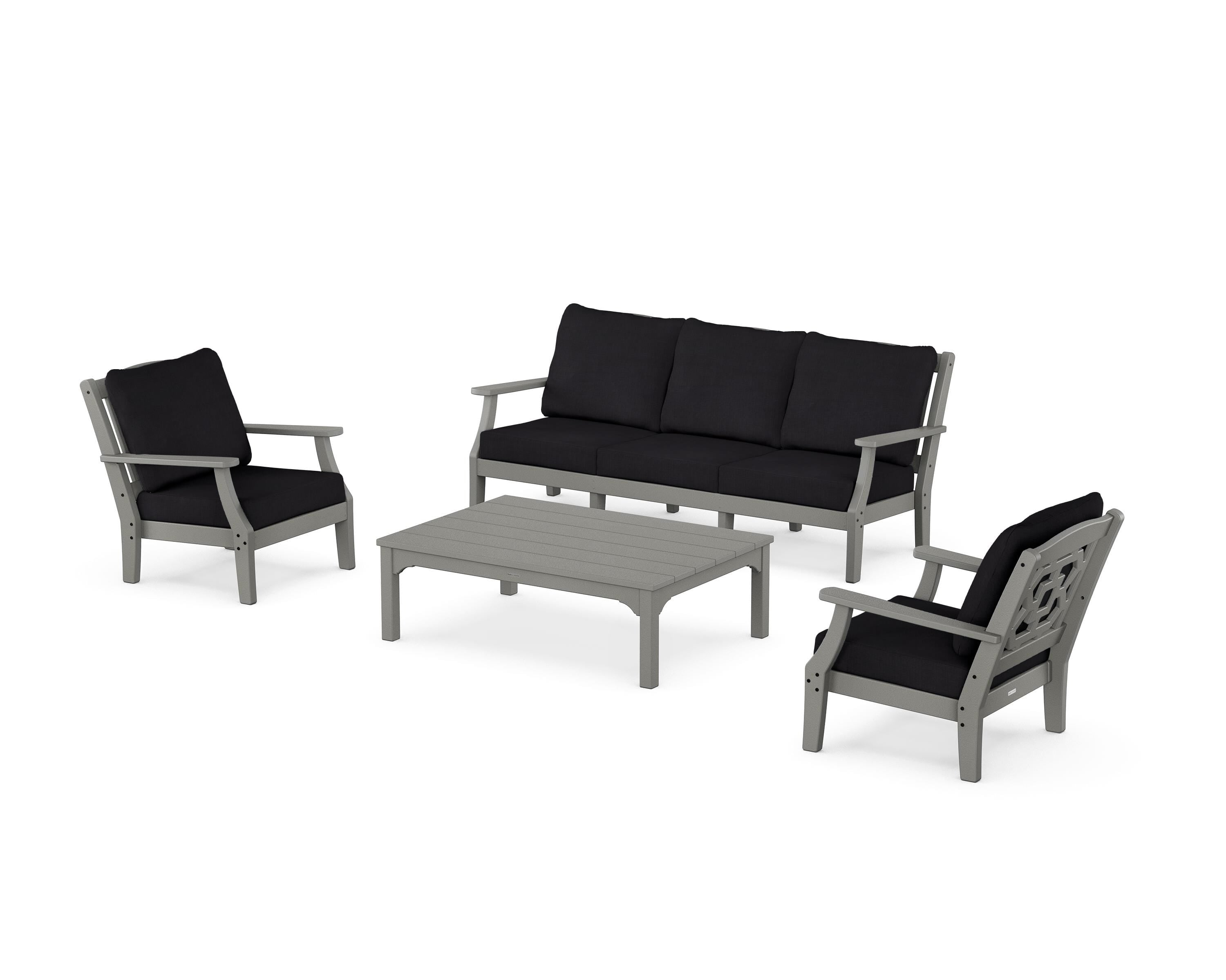 Martha Stewart by POLYWOOD Chinoiserie 4-Piece Deep Seating Set with Sofa in Slate Grey / Midnight Linen