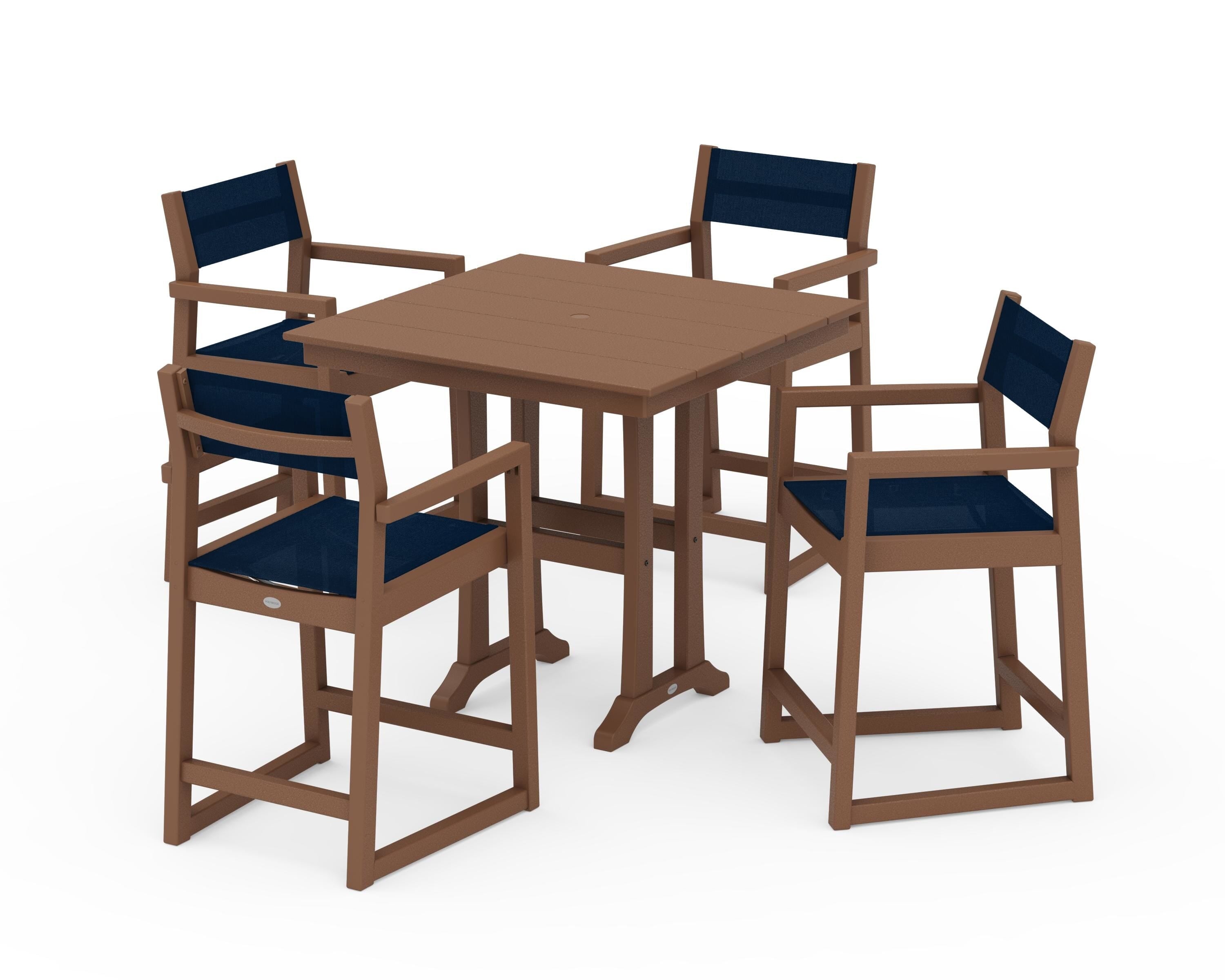 POLYWOOD EDGE Sling Arm Chair 5-Piece Farmhouse Counter Set with Trestle Legs in Teak / Navy Blue Sling