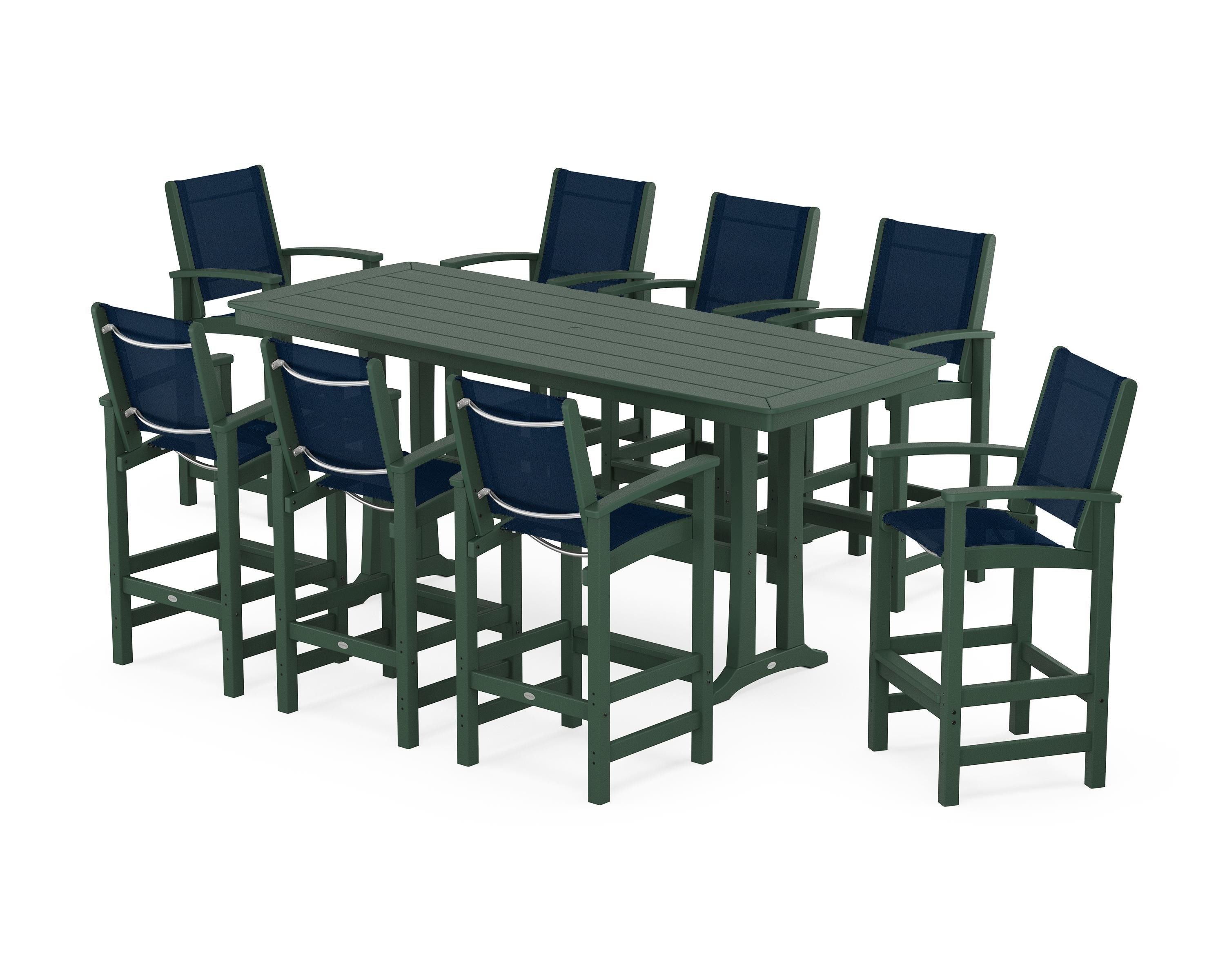 POLYWOOD Coastal 9-Piece Bar Set with Trestle Legs in Green / Navy Blue Sling