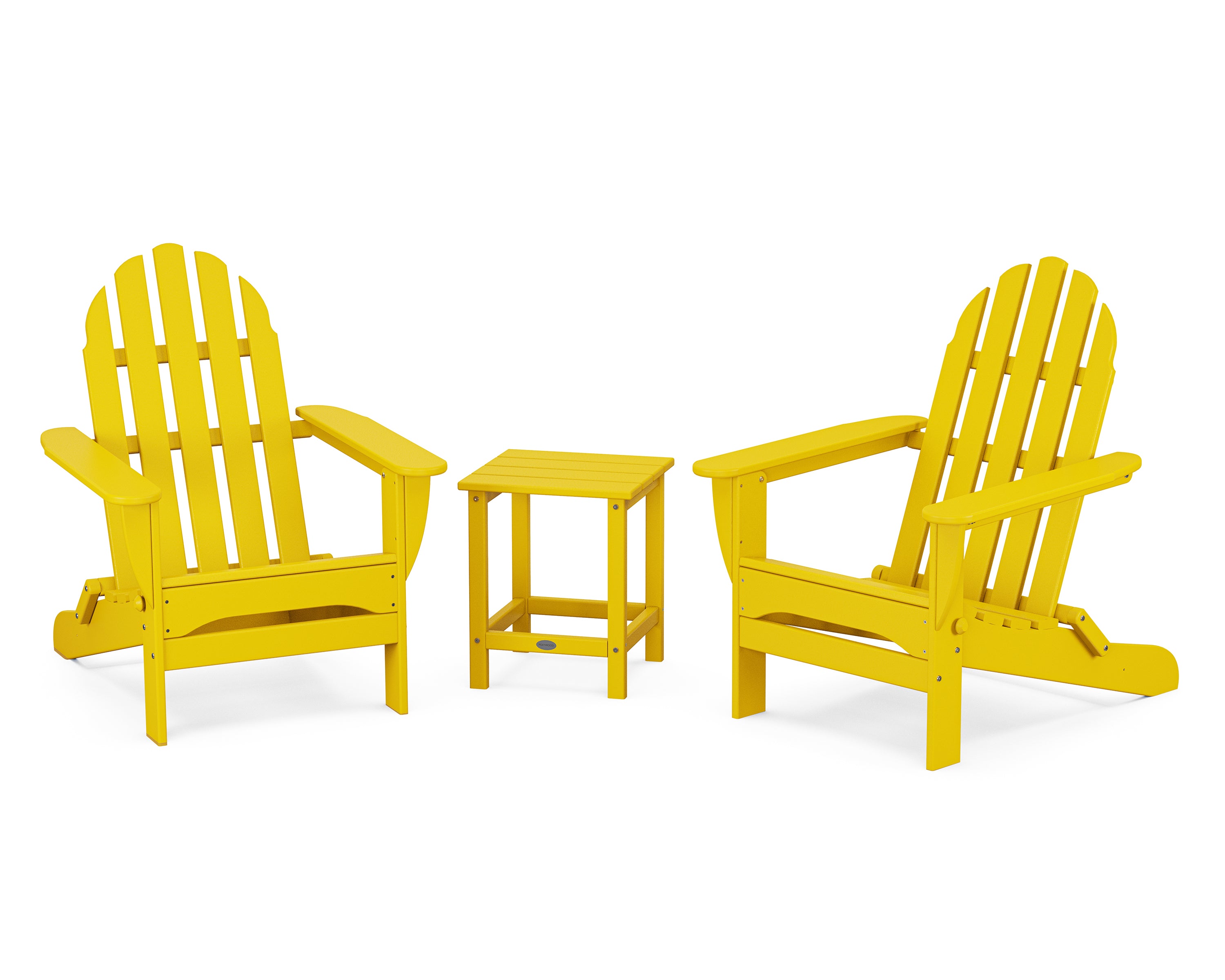 POLYWOOD Classic Folding Adirondack 3-Piece Set with Long Island 18" Side Table in Lemon