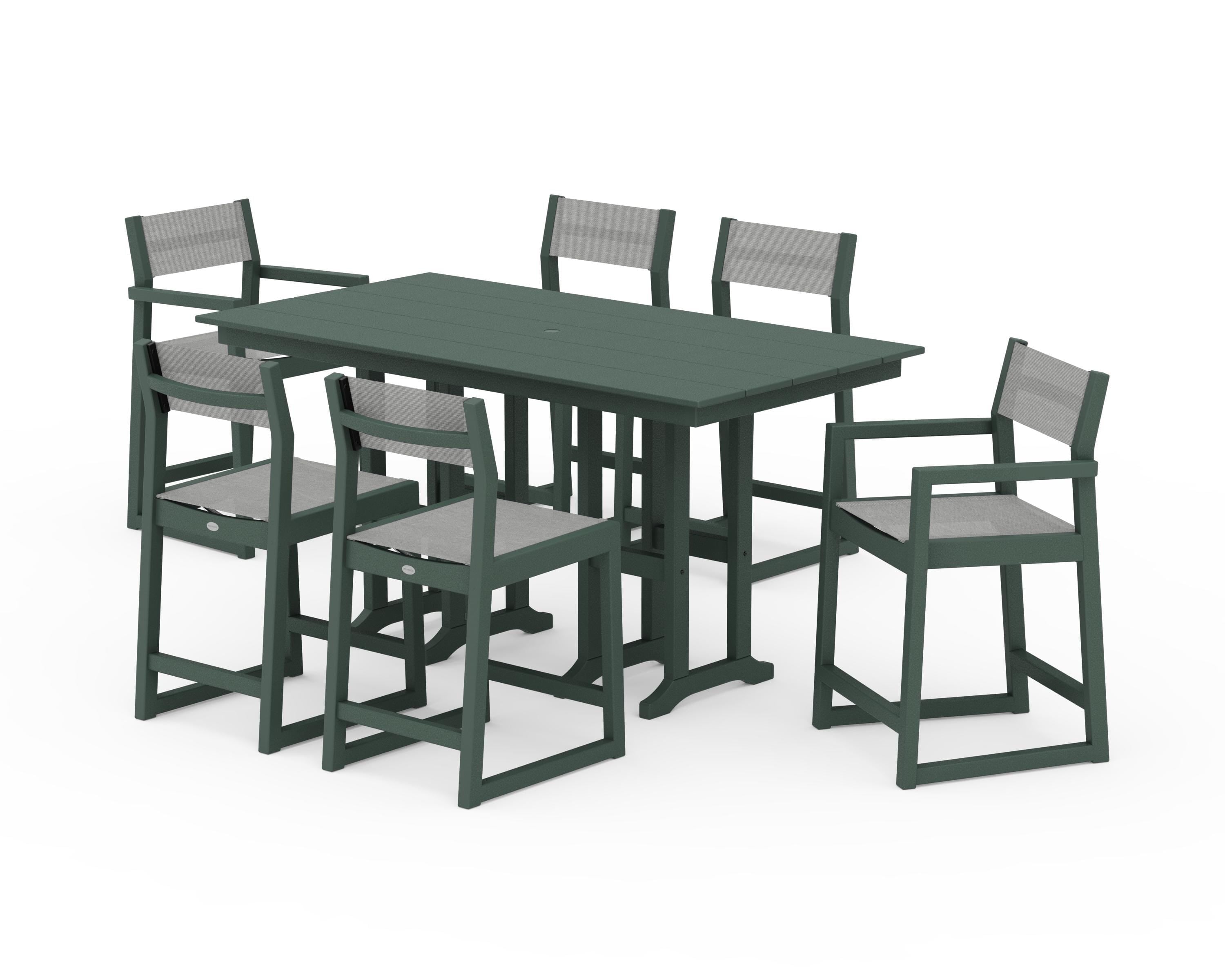 POLYWOOD EDGE Sling 7-Piece Farmhouse Counter Set with Trestle Legs in Green / Metallic Sling
