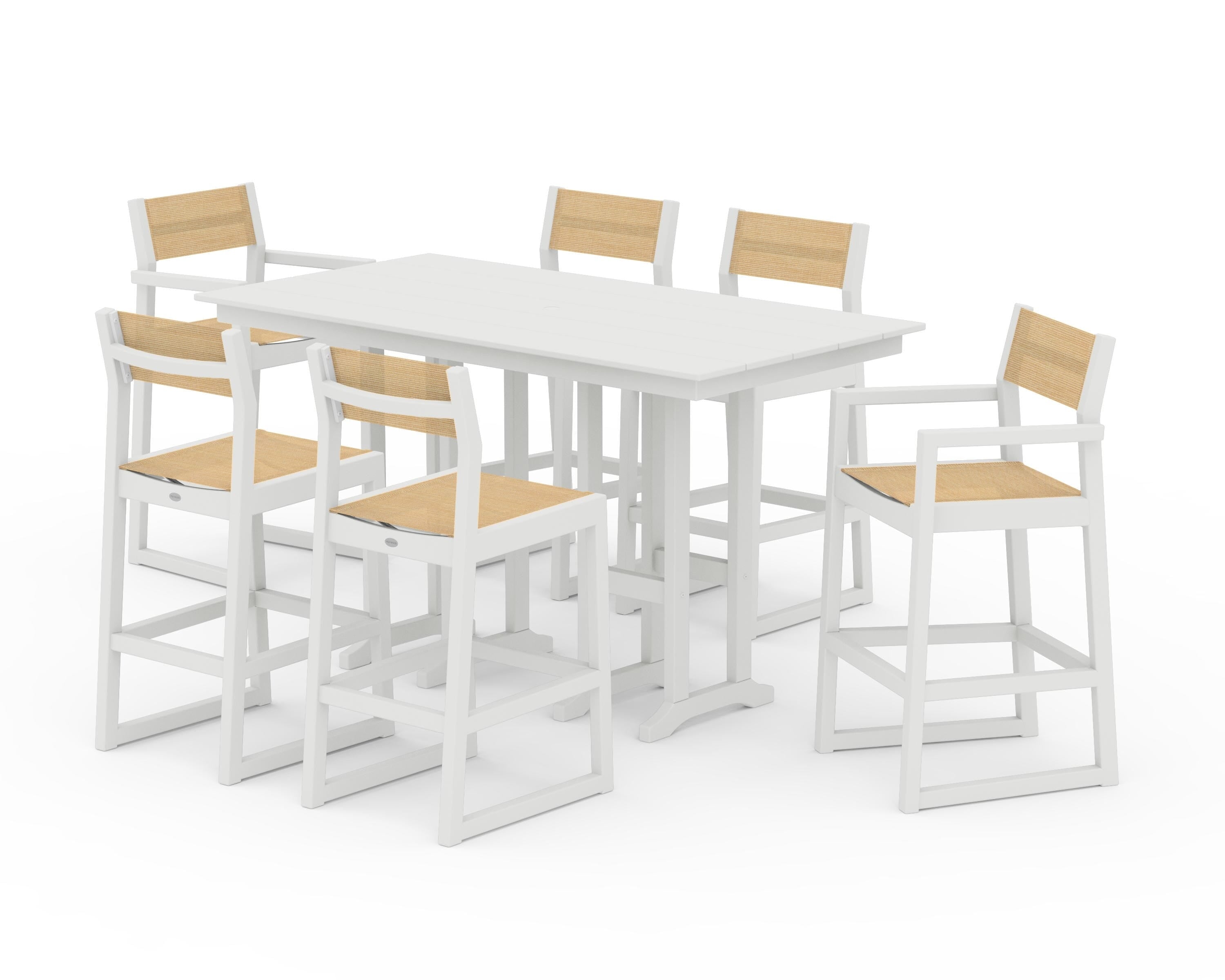 POLYWOOD EDGE Sling 7-Piece Farmhouse Bar Set in White / Dupioni Apricot Sling