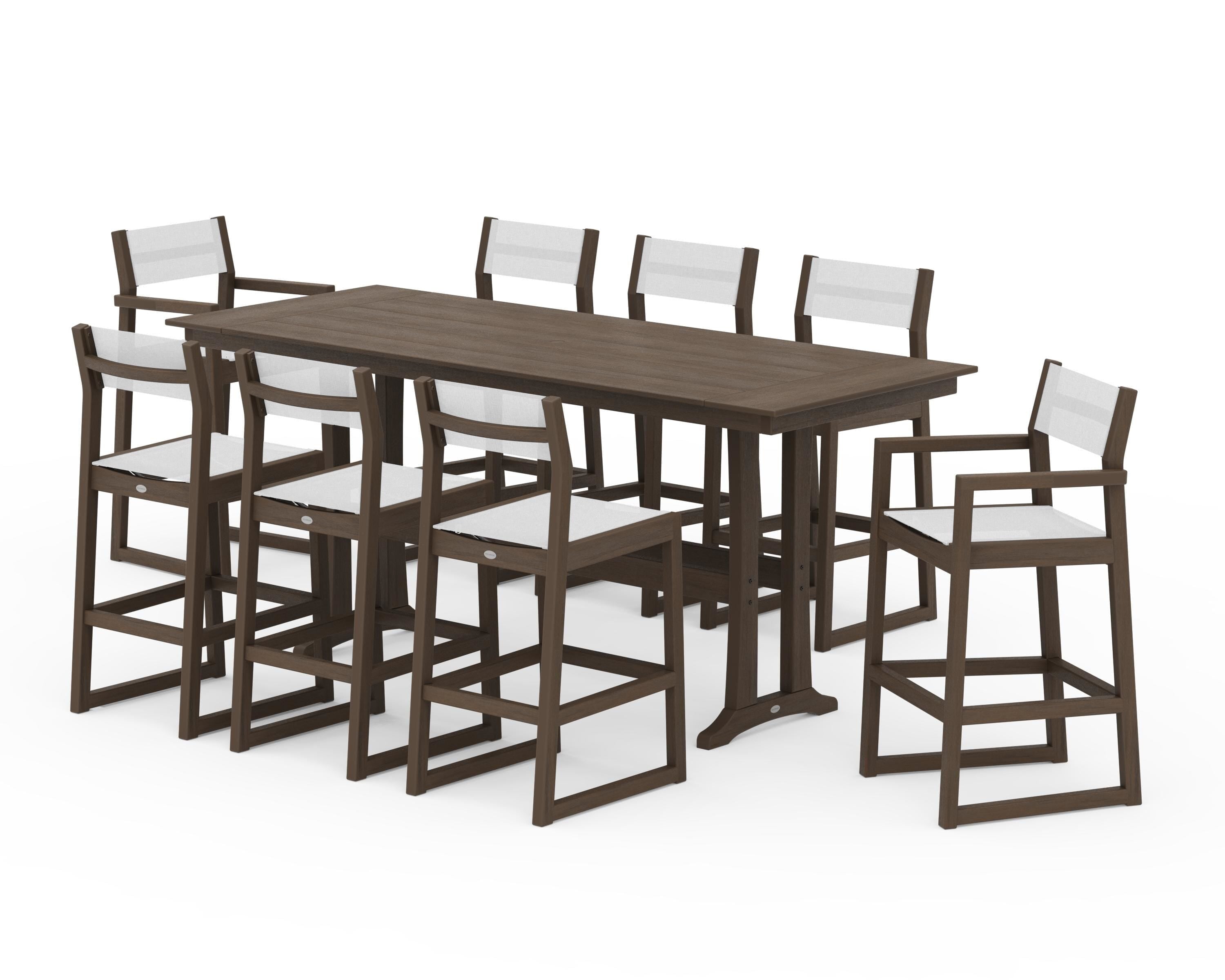 POLYWOOD EDGE Sling 9-Piece Farmhouse Bar Set with Trestle Legs in Kona / White Sling