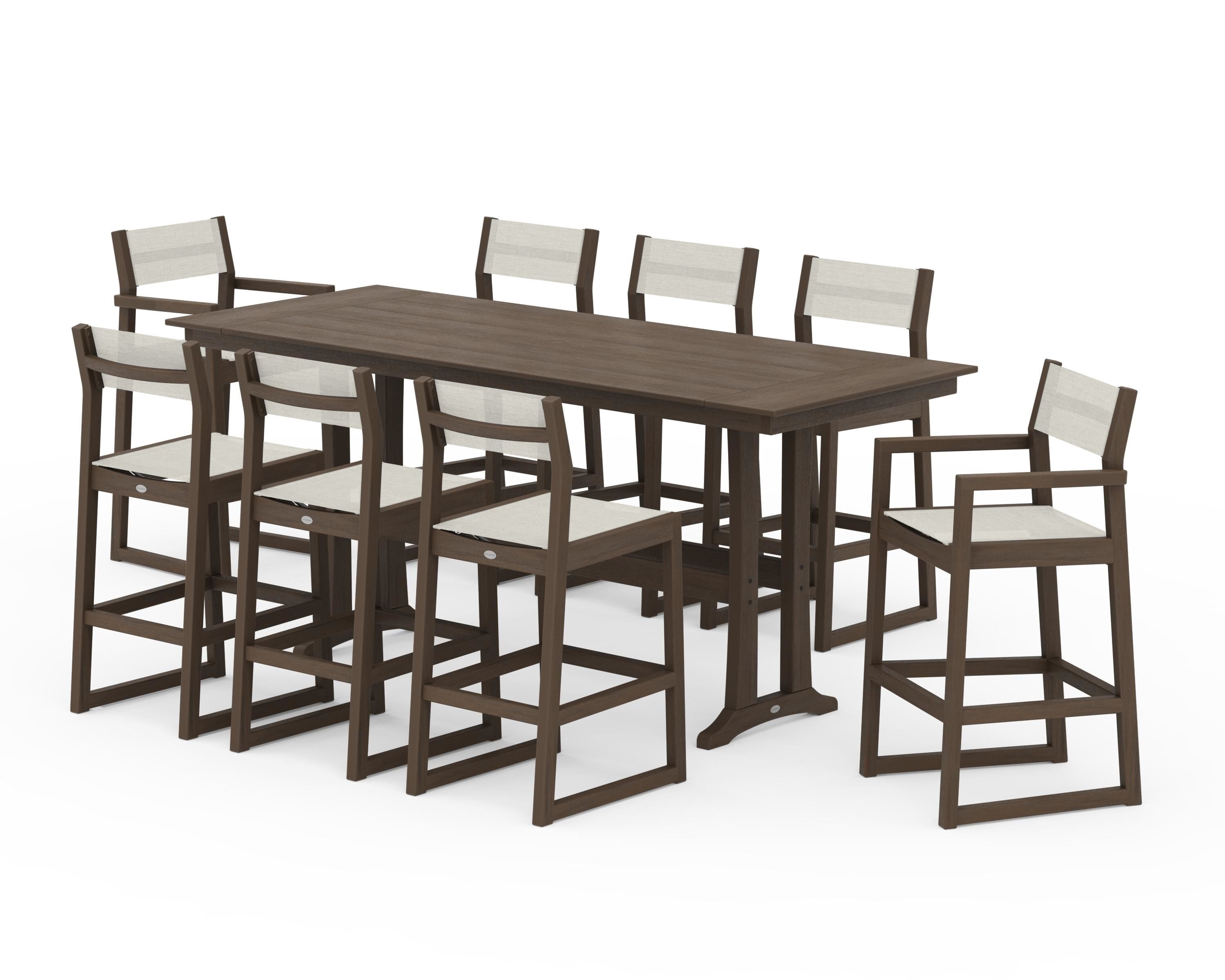 POLYWOOD EDGE Sling 9-Piece Farmhouse Bar Set with Trestle Legs in Kona / Parchment Sling