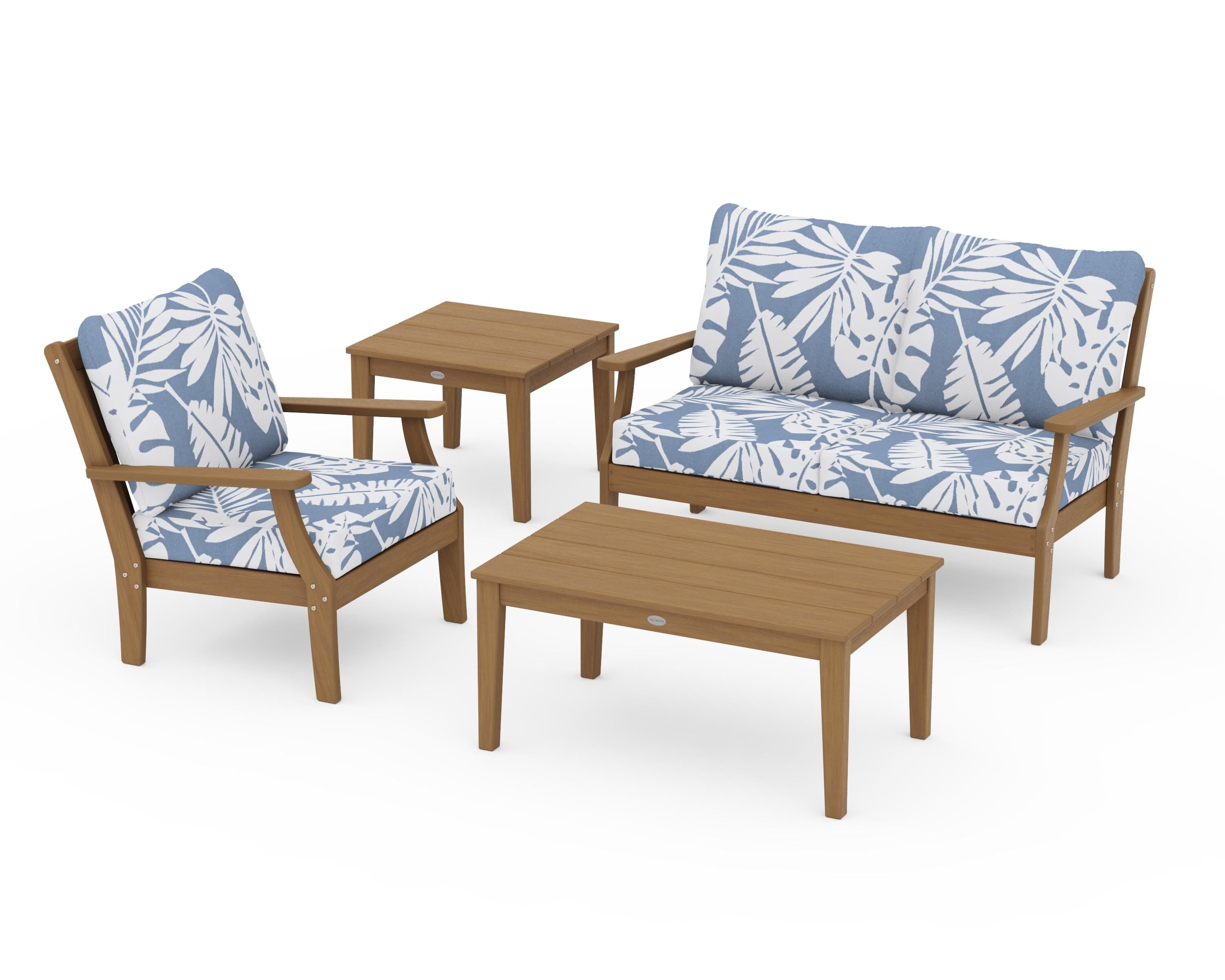 POLYWOOD Braxton 4-Piece Deep Seating Set in Natural / Leaf Sky Blue