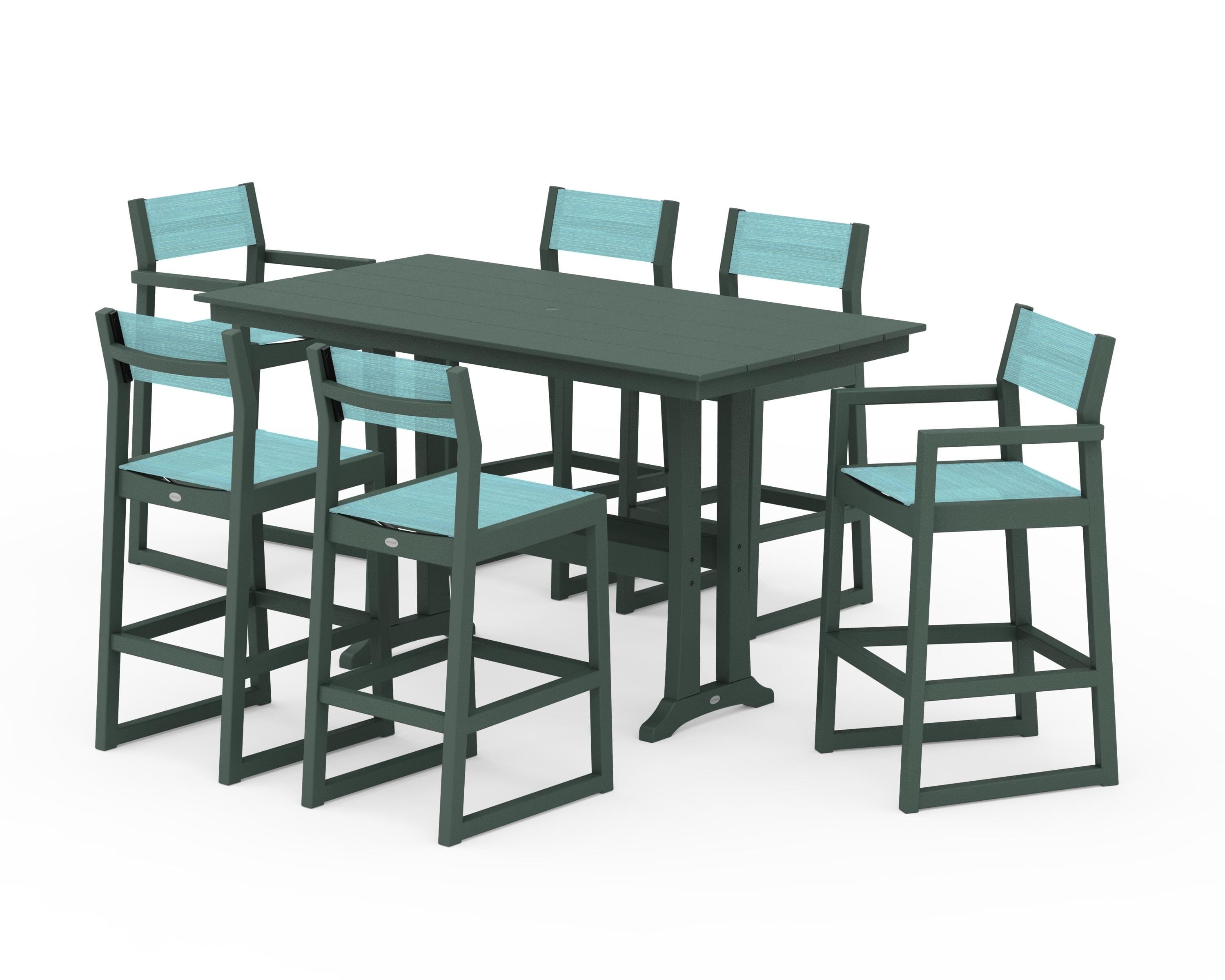 POLYWOOD EDGE Sling 7-Piece Farmhouse Bar Set with Trestle Legs in Green / Dupioni Aquamarine Sling