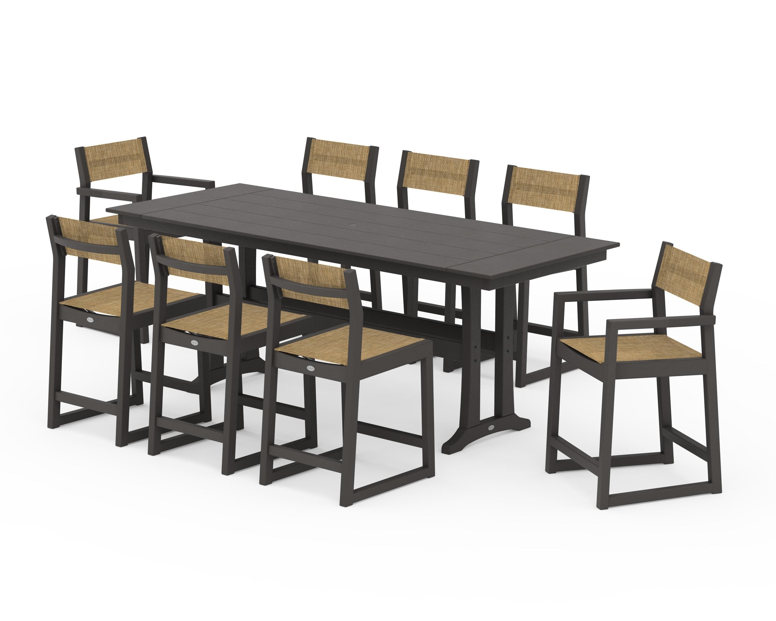 POLYWOOD EDGE Sling 9-Piece Farmhouse Counter Set with Trestle Legs in Vintage Coffee / Burlap Sling