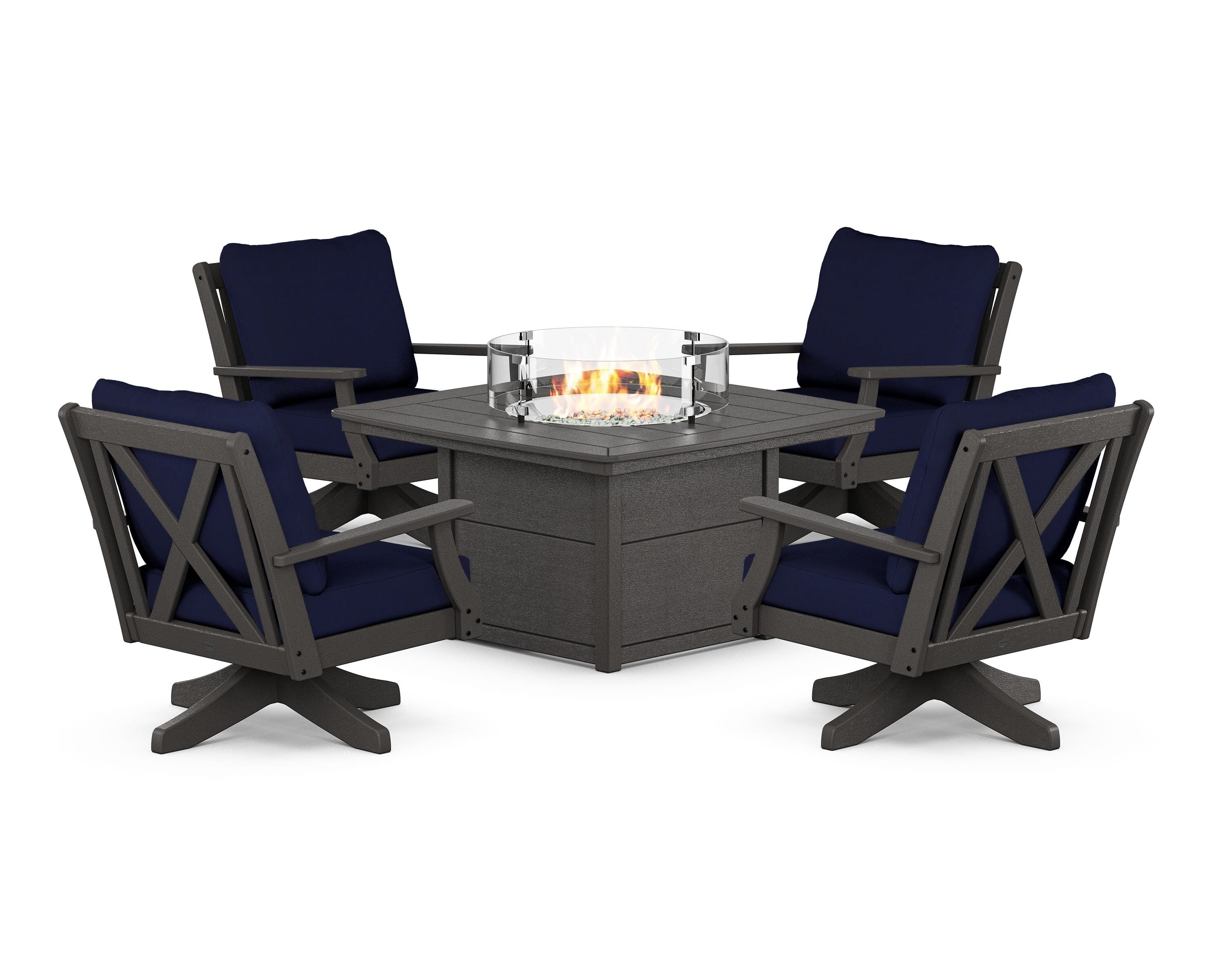 POLYWOOD Braxton 5-Piece Deep Seating Swivel Conversation Set with Fire Pit Table in Vintage Coffee / Navy