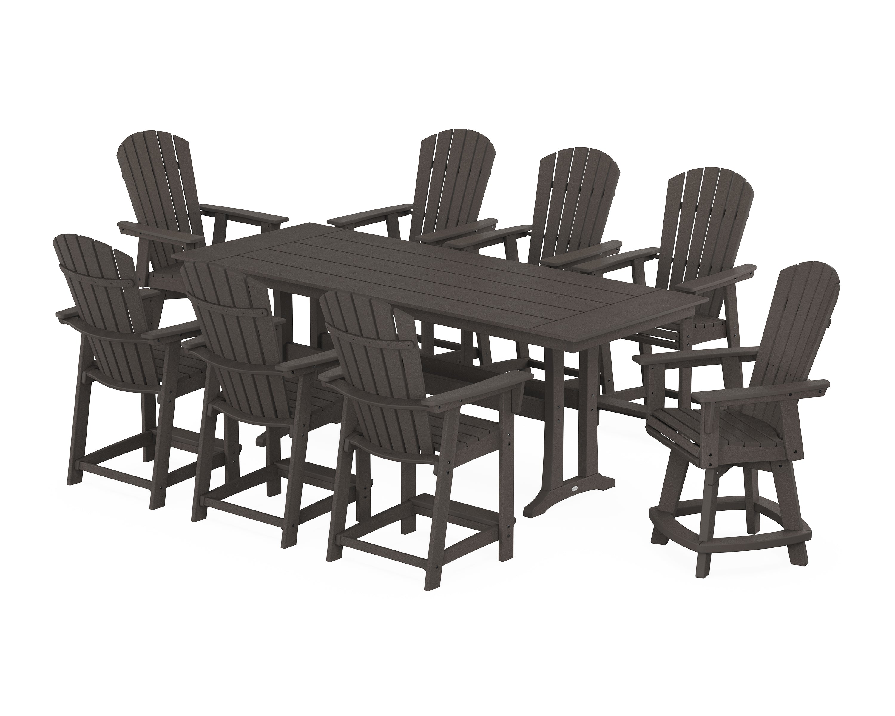 POLYWOOD® Nautical Curveback Adirondack Swivel 9-Piece Farmhouse Swivel Counter Set with Trestle Legs in Vintage Coffee