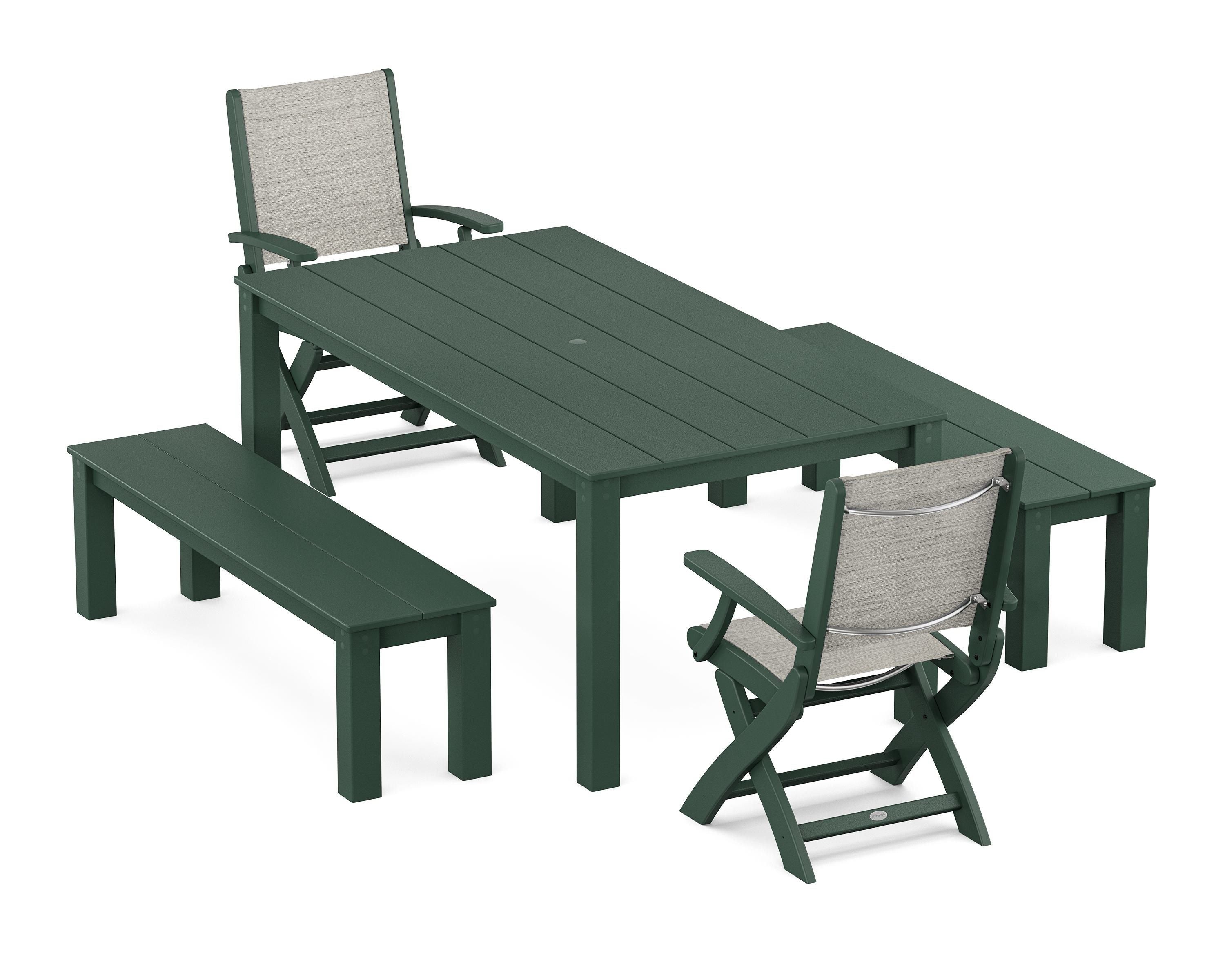 POLYWOOD Coastal Folding Chair 5-Piece Parsons Dining Set with Benches in Green / Birch Sling