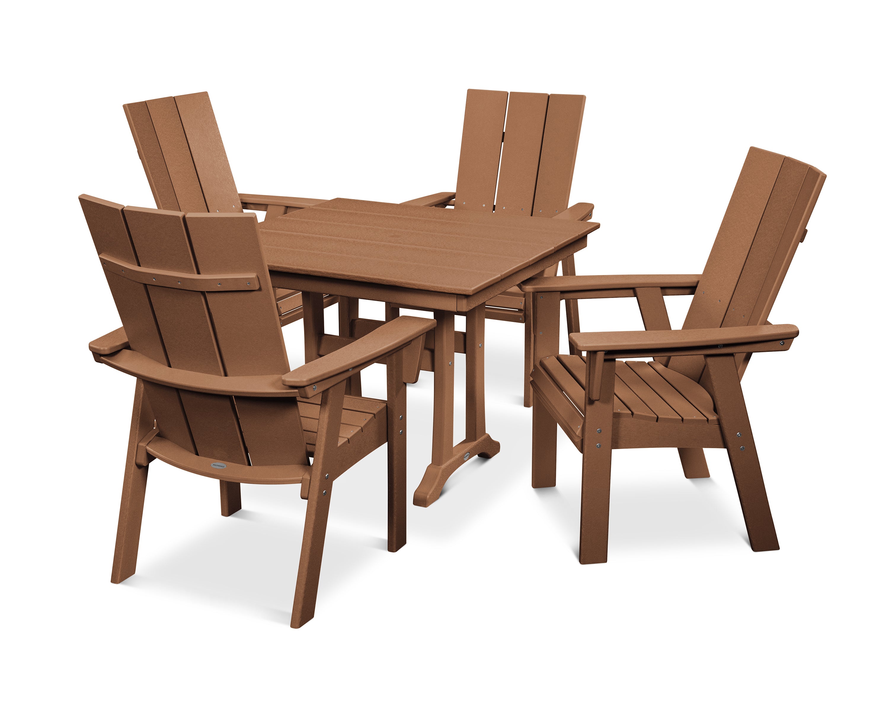 POLYWOOD® Modern Curveback Adirondack 5-Piece Farmhouse Trestle Dining Set in Teak
