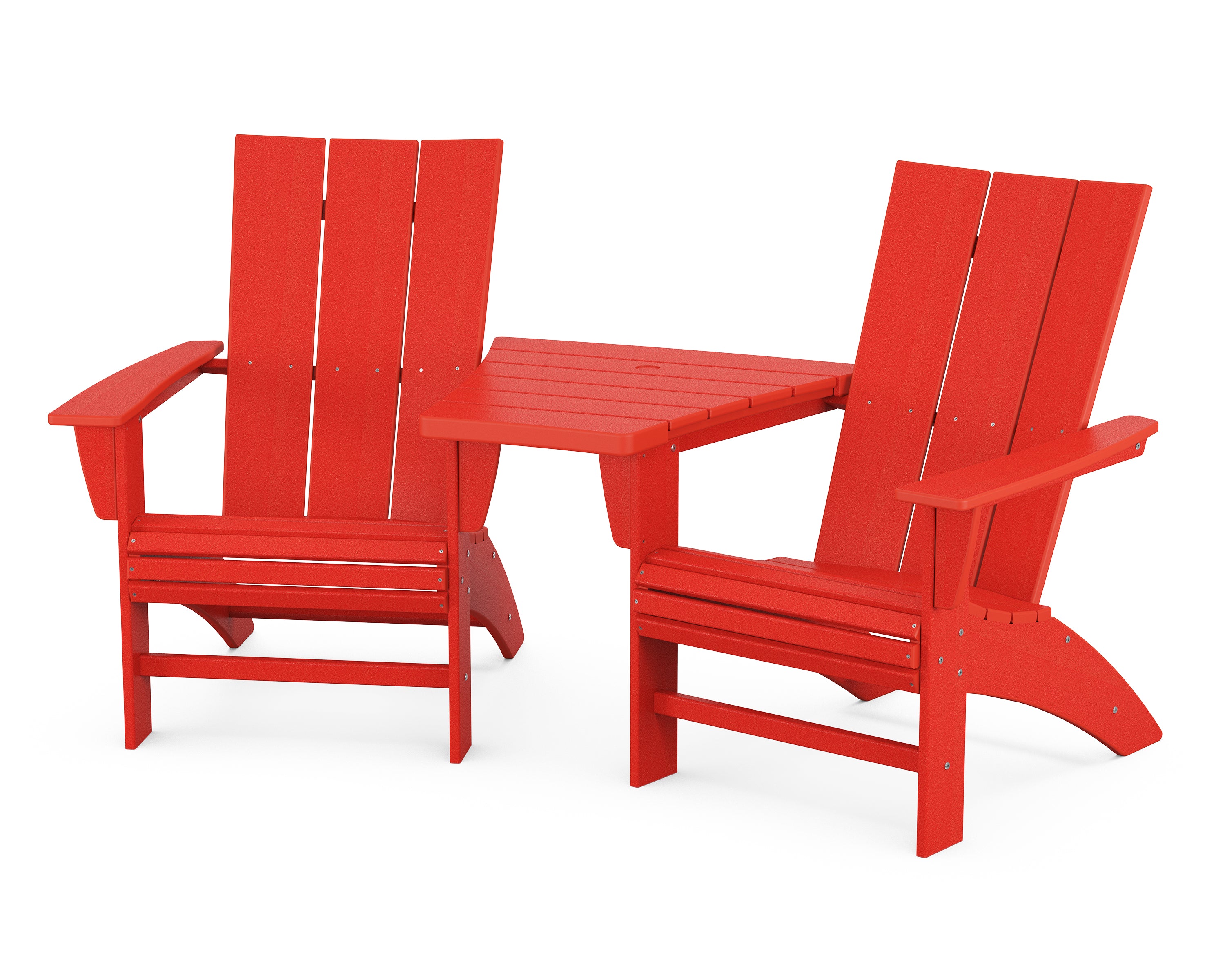 POLYWOOD® Modern 3-Piece Curveback Adirondack Set with Angled Connecting Table in Sunset Red