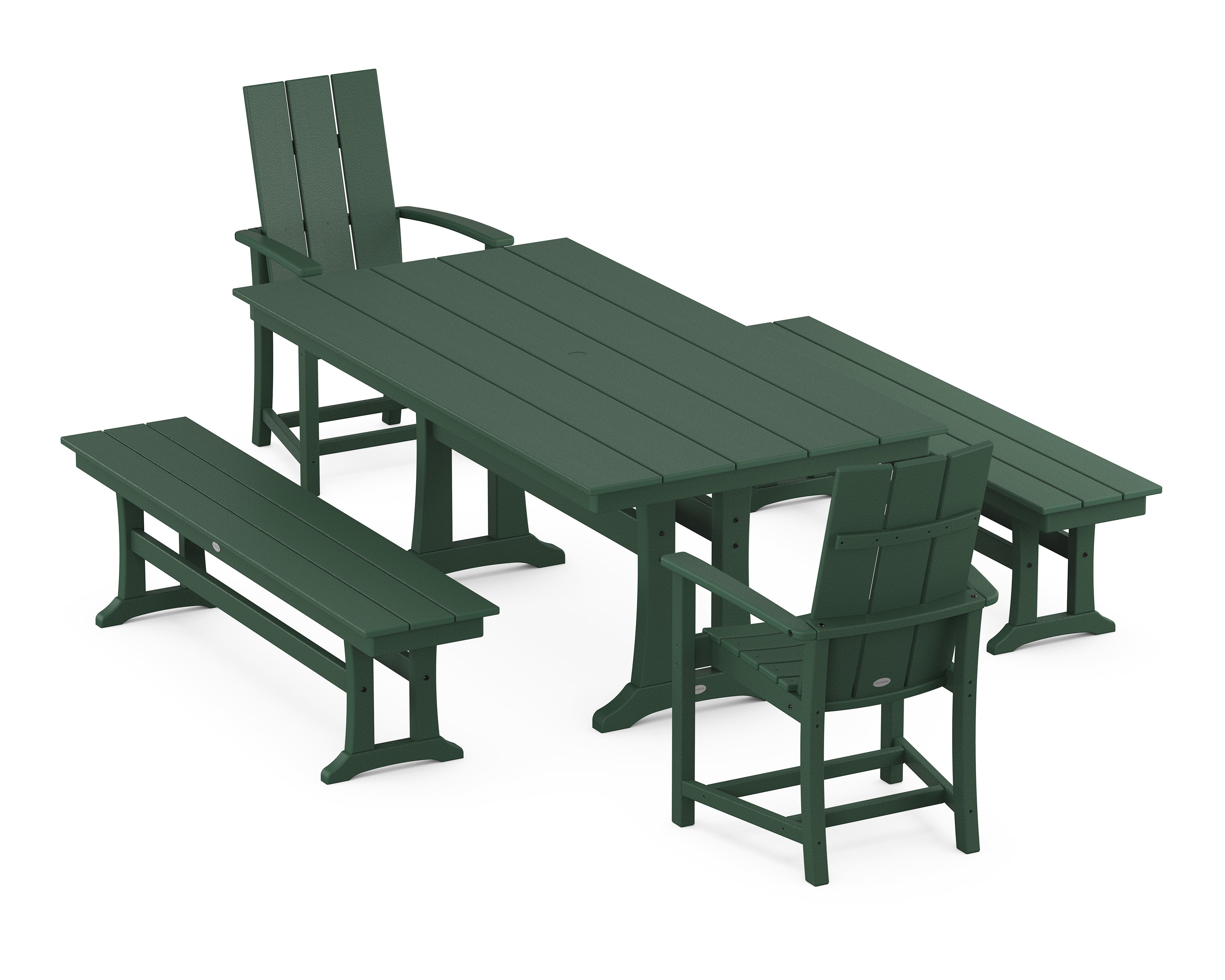 POLYWOOD® Modern Adirondack 5-Piece Farmhouse Dining Set With Trestle Legs in Green
