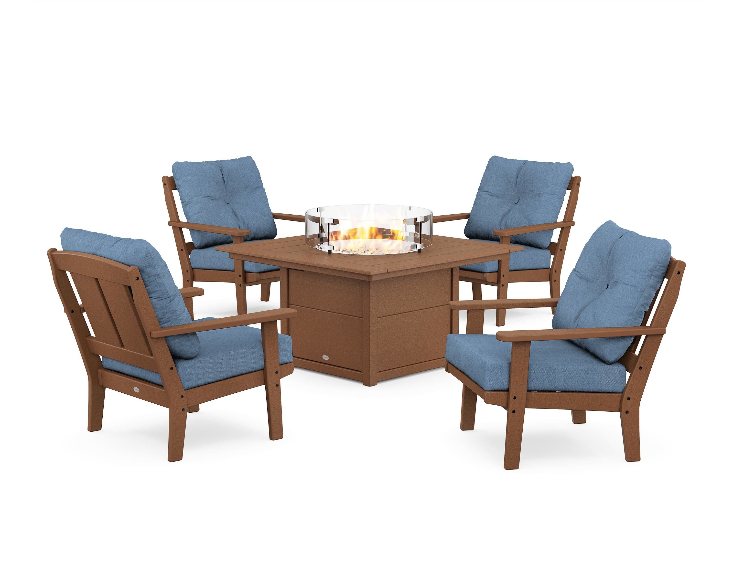 POLYWOOD Mission 5-Piece Deep Seating Set with Fire Pit Table in Teak / Sky Blue