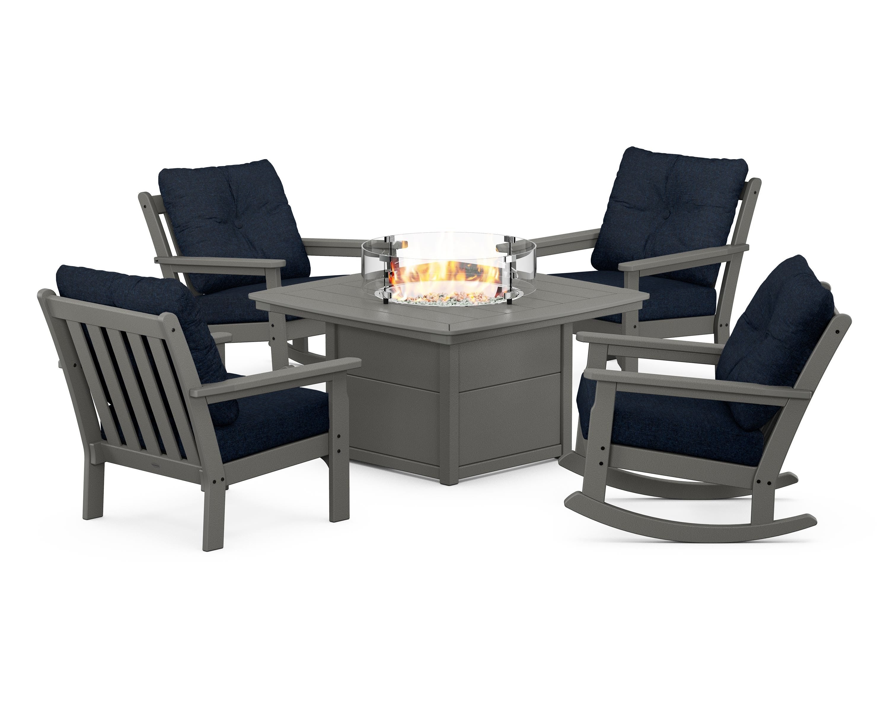 POLYWOOD Vineyard 5-Piece Deep Seating Rocking Chair Conversation Set with Fire Pit Table in Slate Grey / Marine Indigo