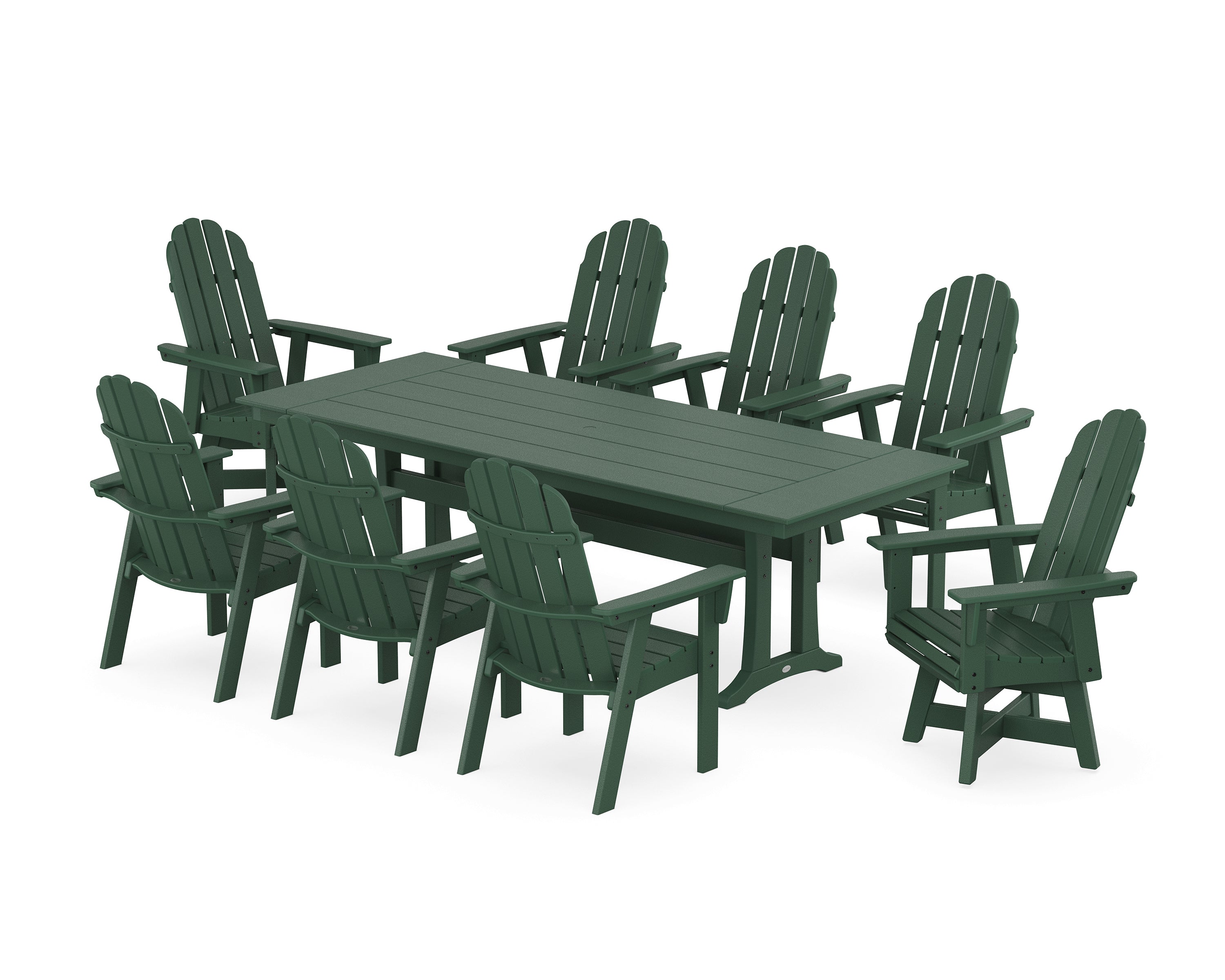 POLYWOOD® Vineyard 9-Piece Curveback Adirondack Swivel Farmhouse Dining Set with Trestle Legs in Green