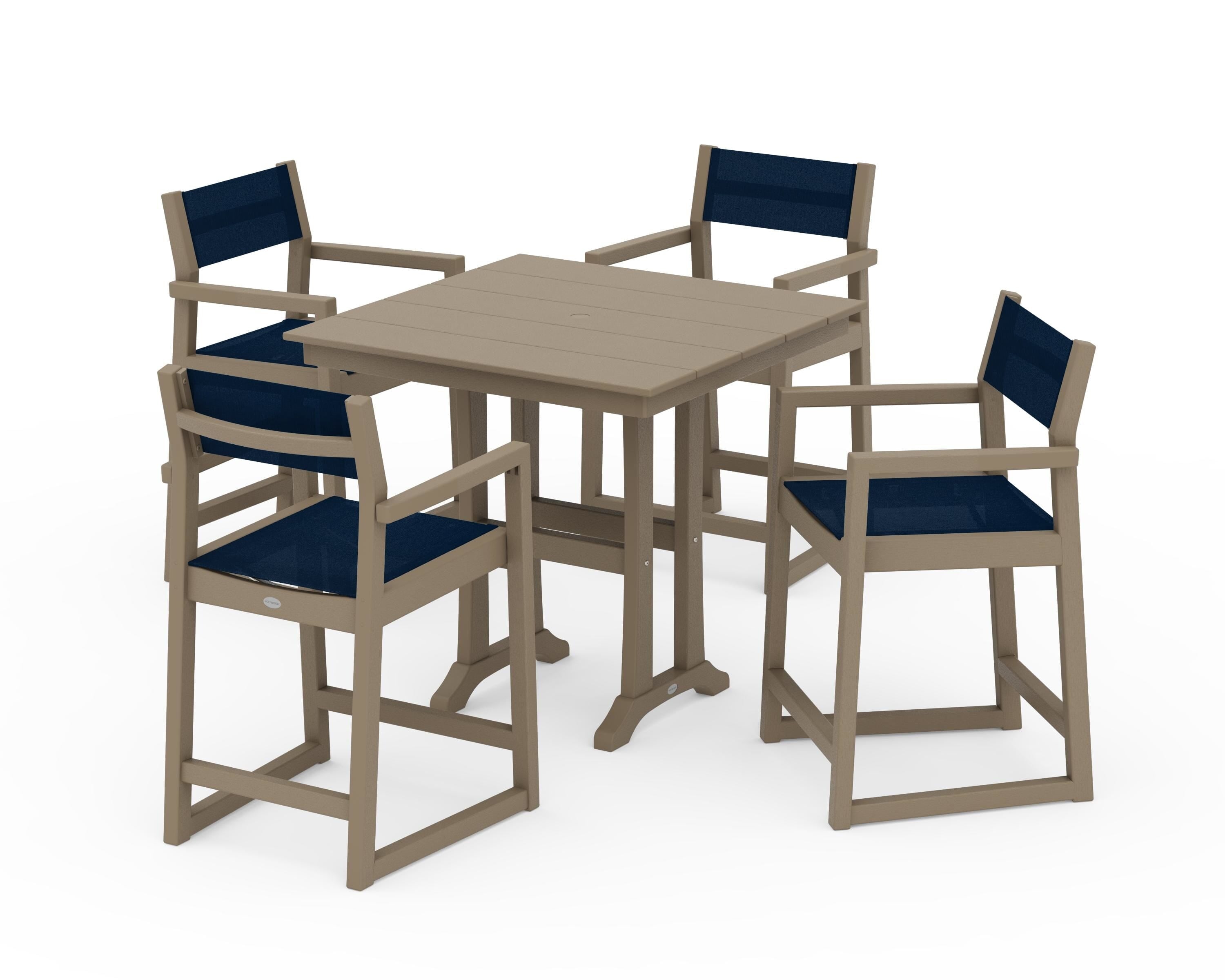 POLYWOOD EDGE Sling Arm Chair 5-Piece Farmhouse Counter Set with Trestle Legs in Vintage Sahara / Navy Blue Sling