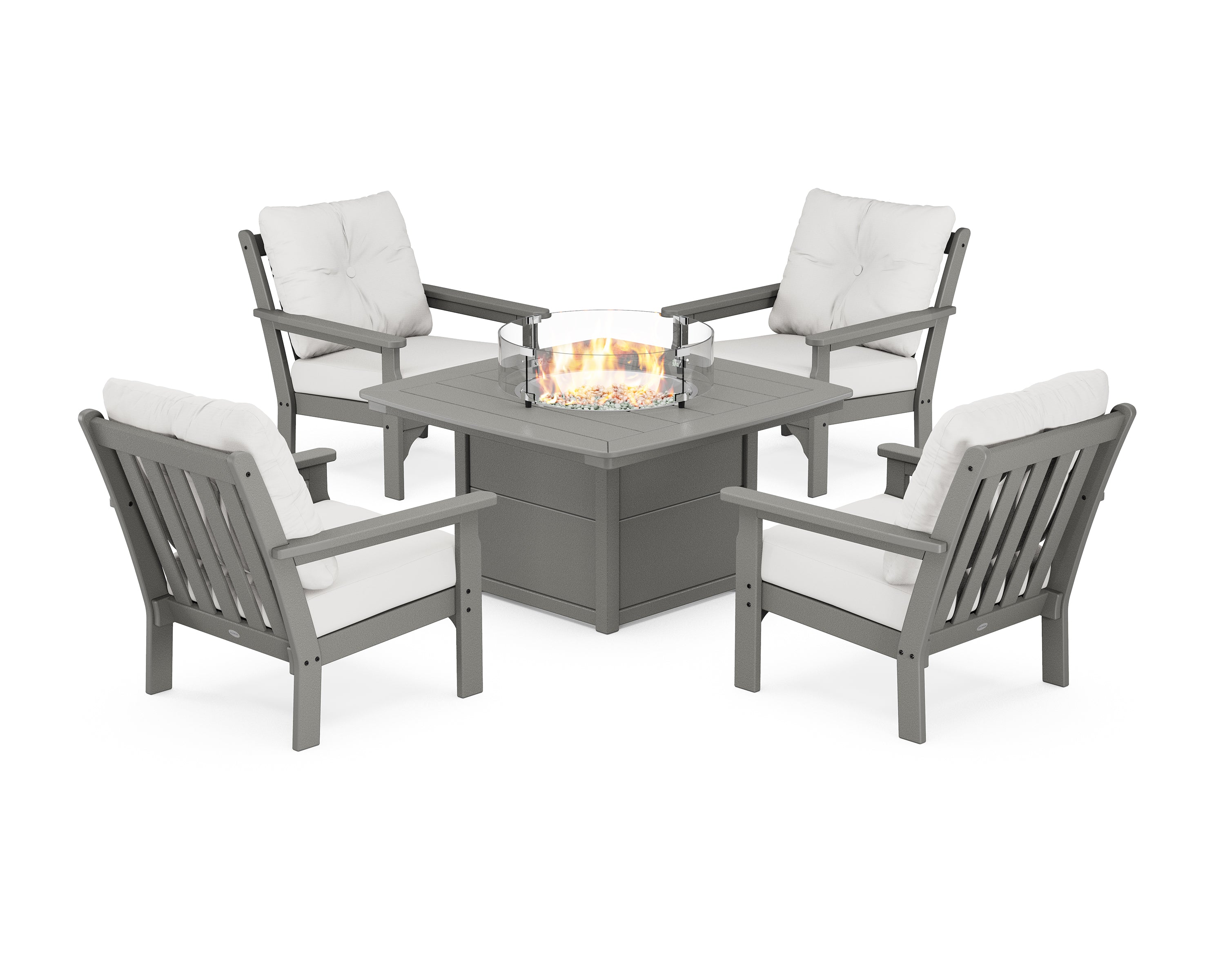 POLYWOOD Vineyard 5-Piece Conversation Set with Fire Pit Table in Slate Grey / Natural Linen