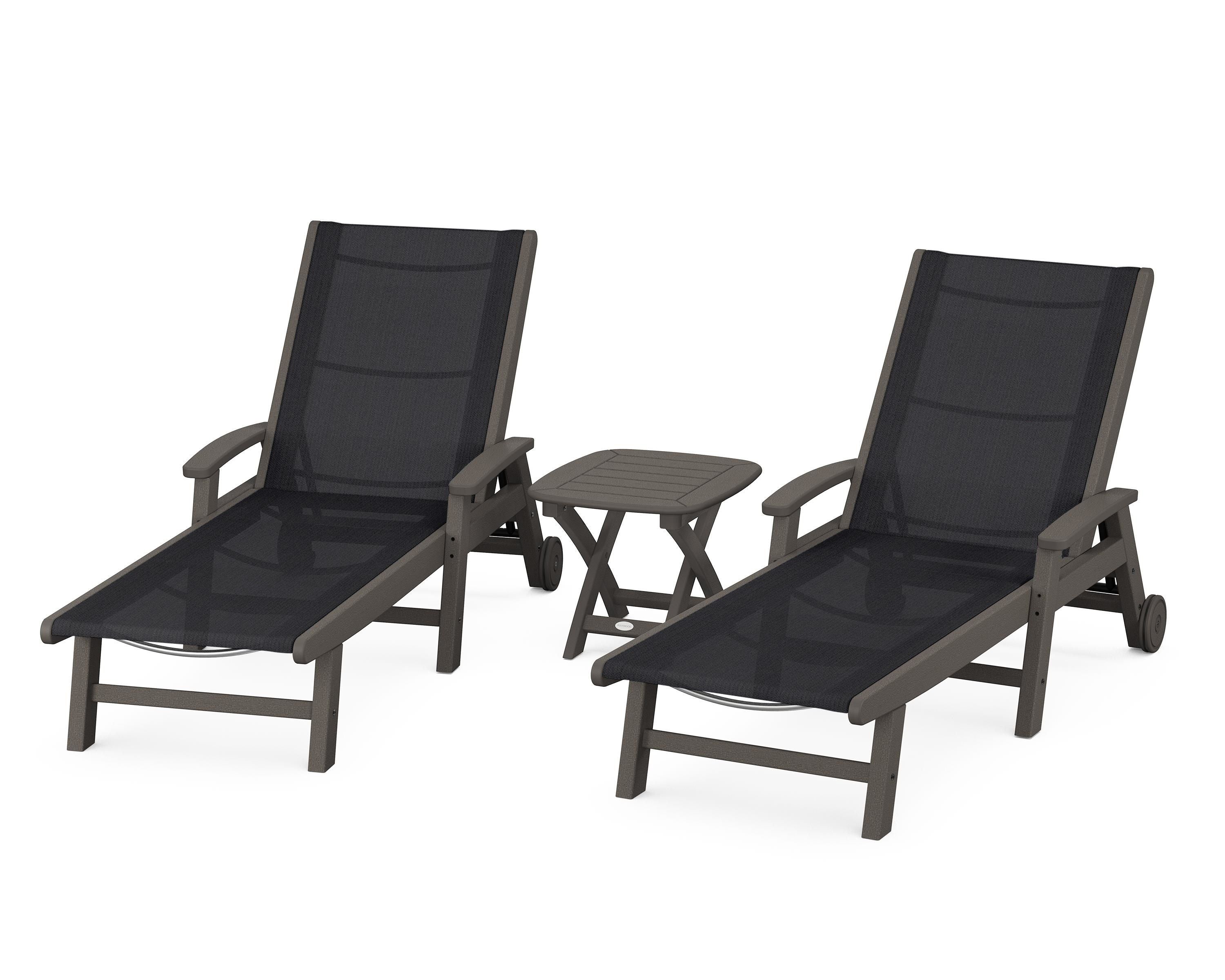 POLYWOOD Coastal 3-Piece Wheeled Chaise Set in Vintage Coffee / Black Sling