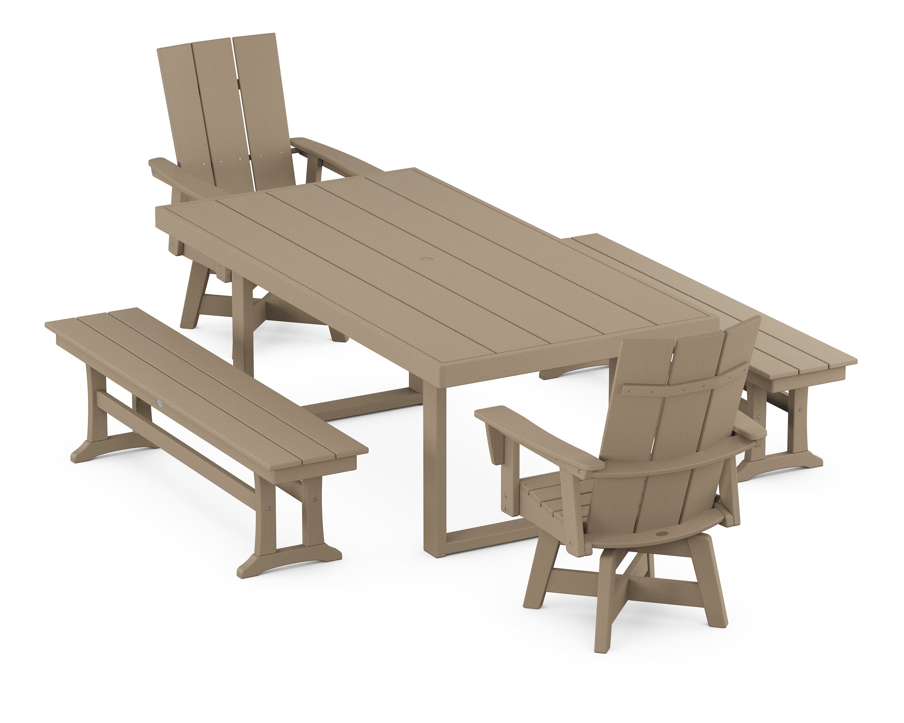 POLYWOOD® Modern Adirondack Swivel Chair 5-Piece Dining Set with Benches in Vintage Sahara